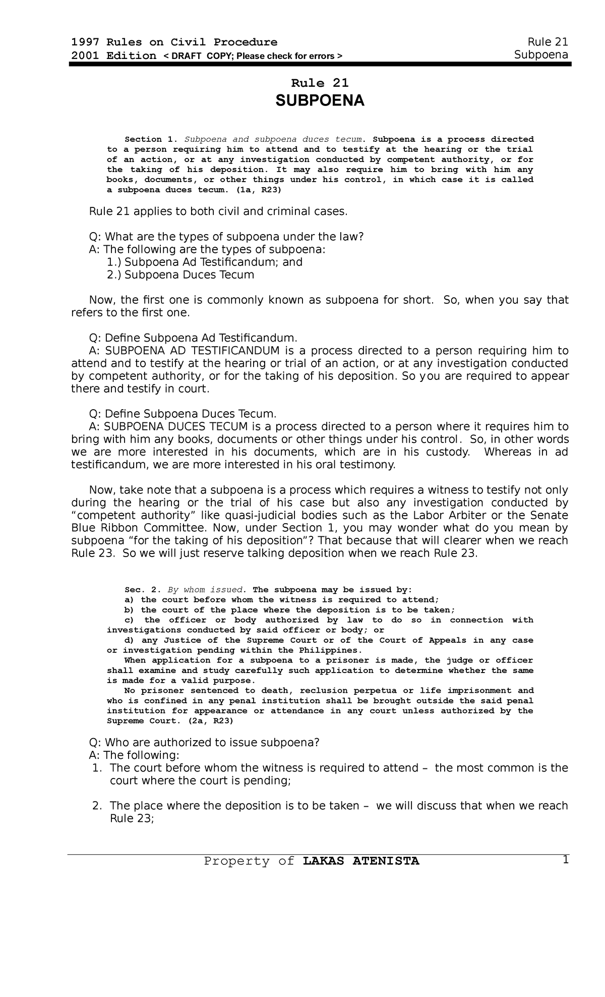 Rule 21: Subpoena in Civil Procedure - Comprehensive Study Notes - Studocu