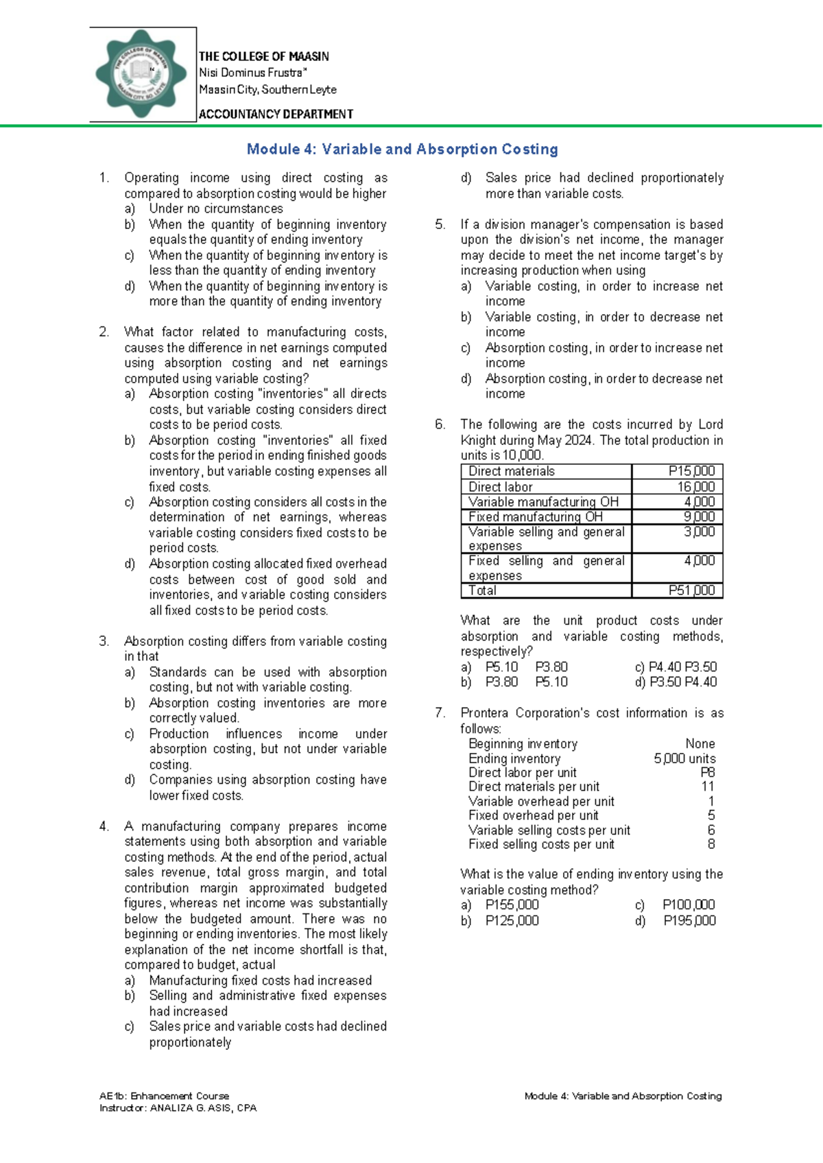 ACCOUNTANCY 101: Module 4 - Variable and Absorption Costing Notes - Studocu