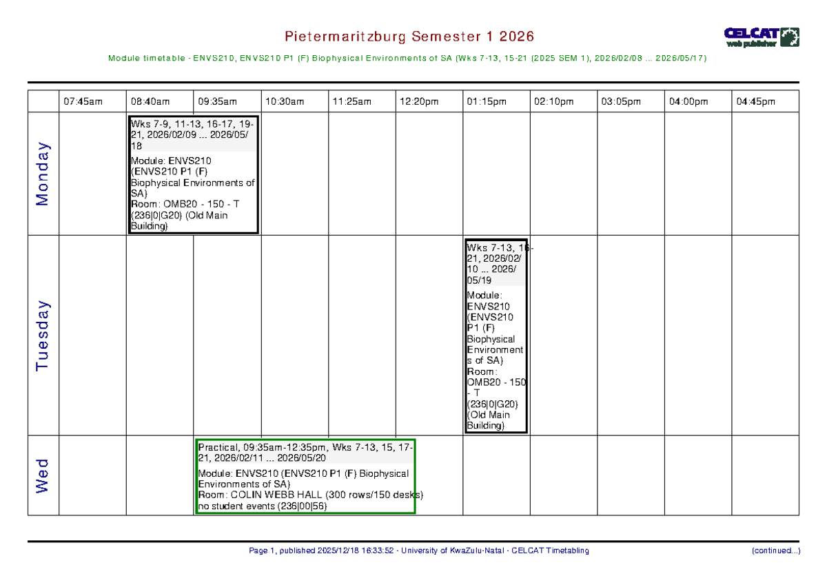 ENVS210 Semester 1 2026 Timetable for Biophysical Environments - Studocu