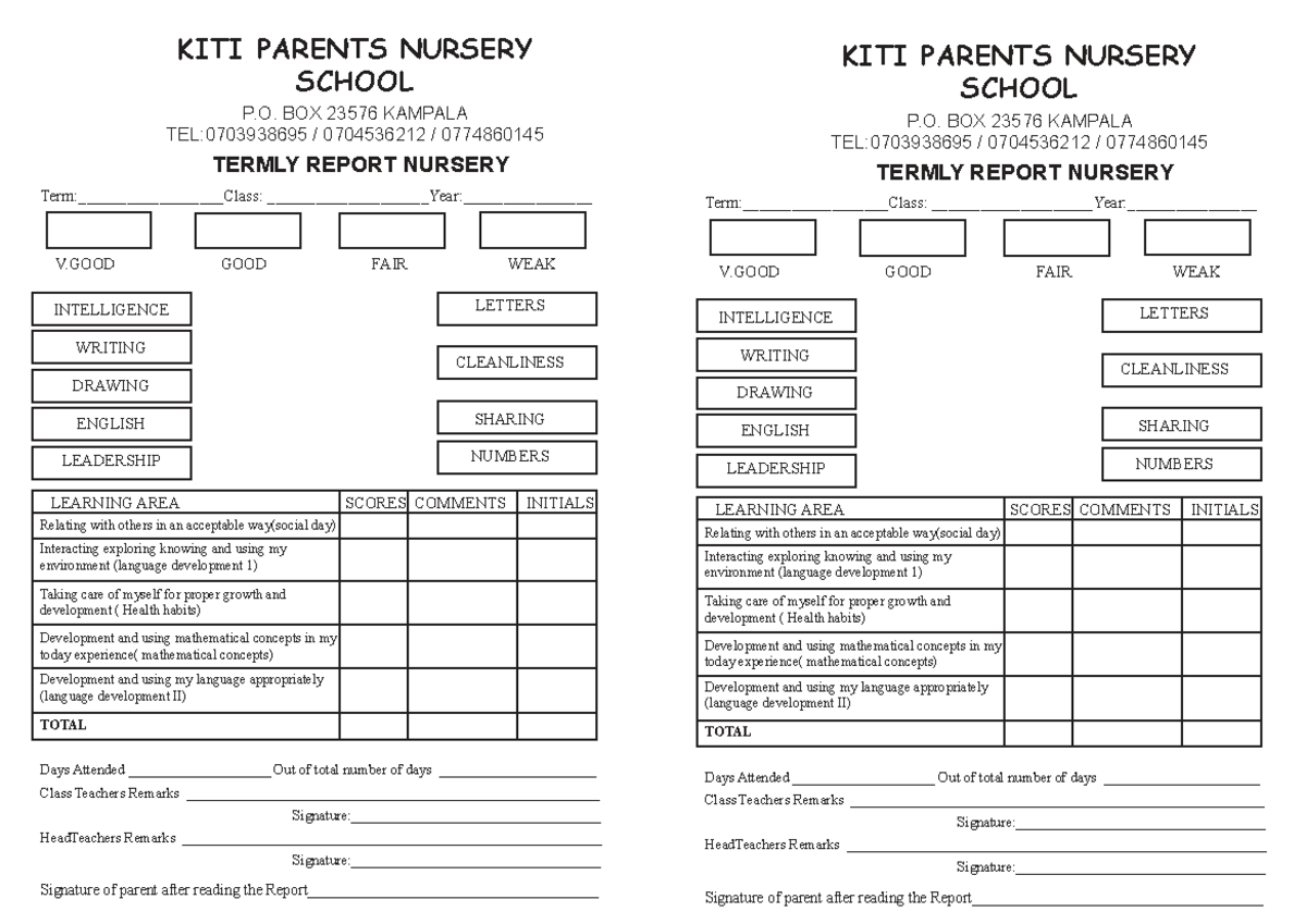 KITI PARENTS NURSERY SCHOOL Termly Report Summary - Studocu