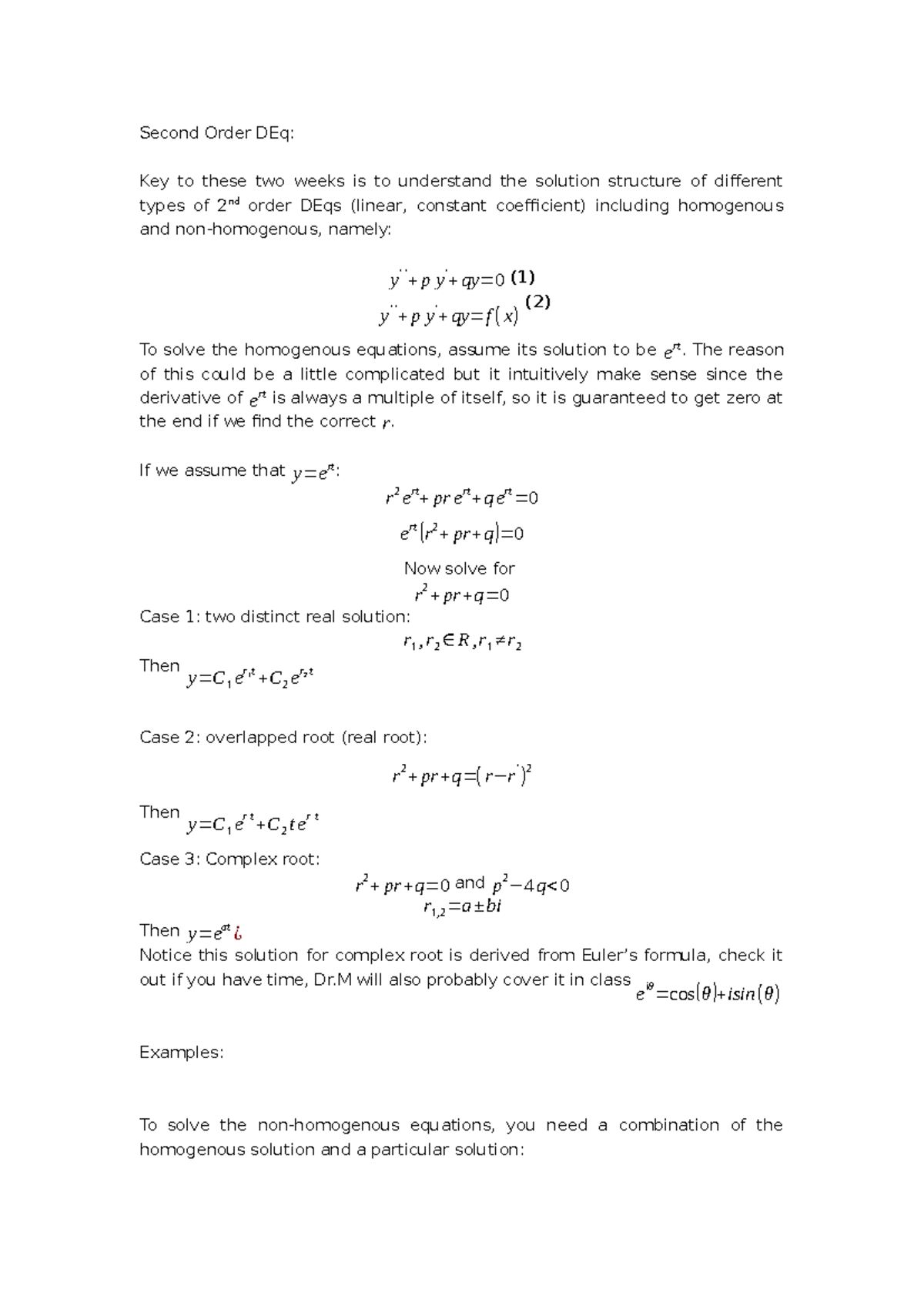 Second Order DEq: Understanding Solution Structures and Methods - Studocu