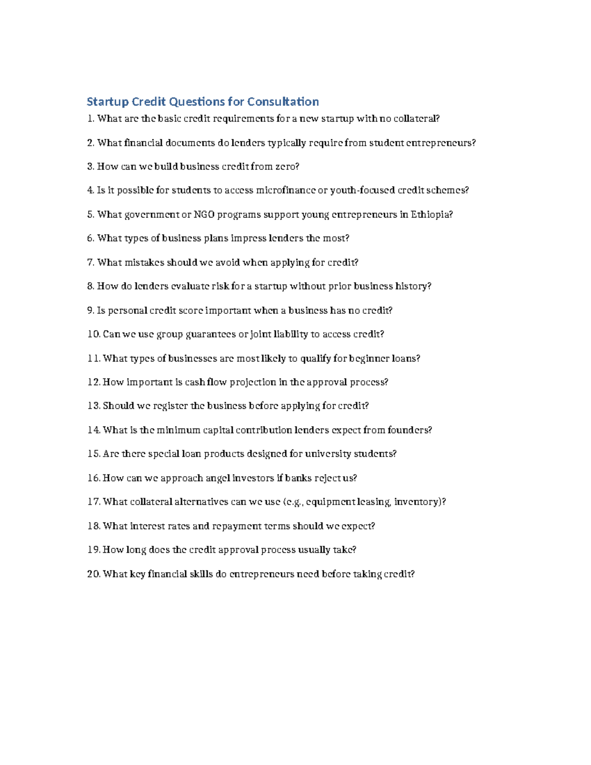 Startup Credit Consultation Questions for Entrepreneurs - Studocu