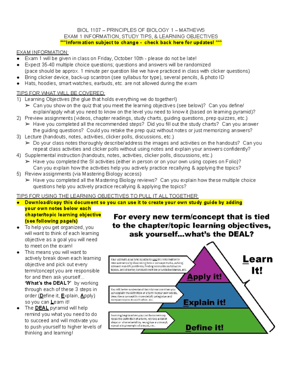 BIOL 1107 Exam 1 Study Guide: Tips & Learning Objectives - Fall 2025 ...