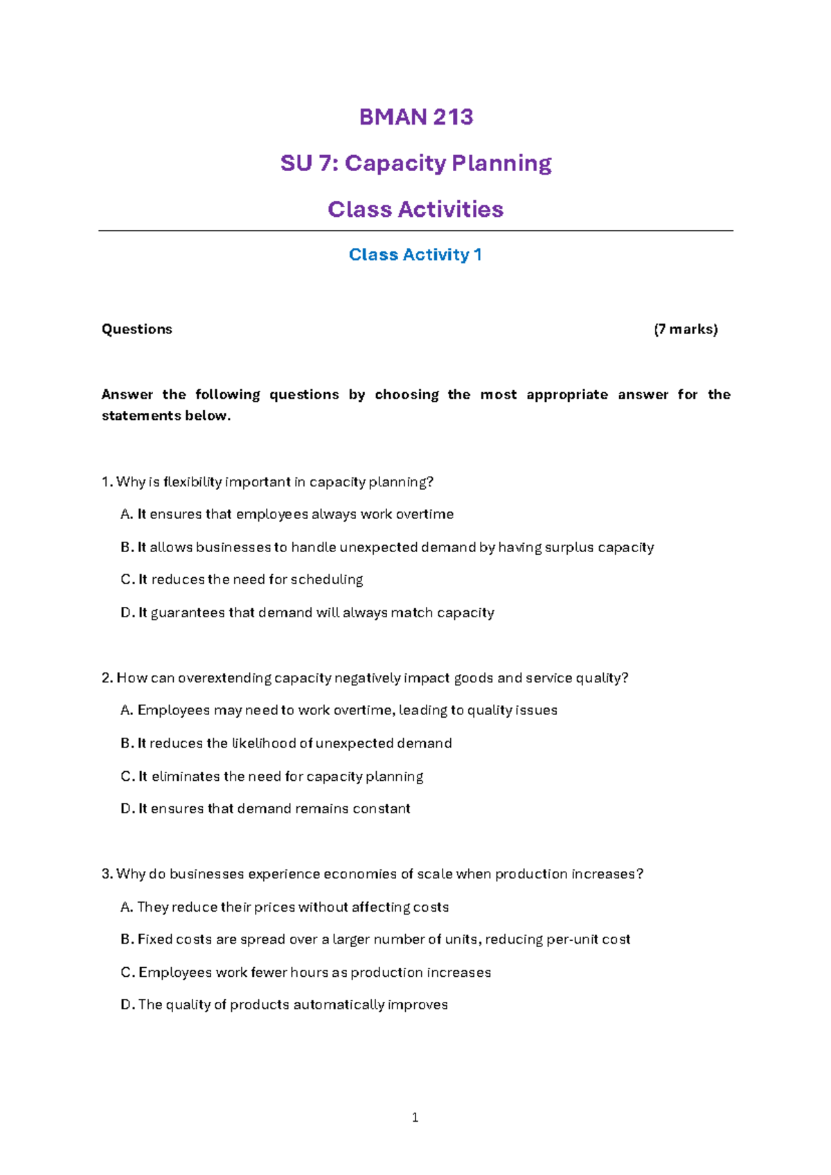 BMAN 213 SU 7: Capacity Planning Activity 1 Questions & Answers - Studocu