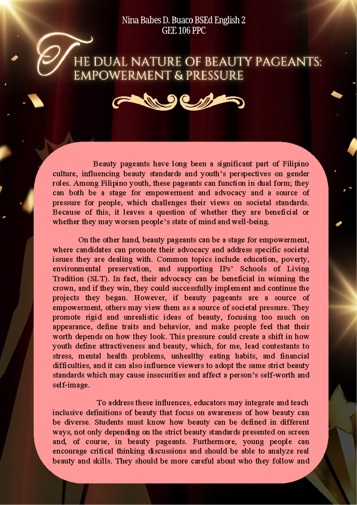 GEE 106 PPC - The Impact of Beauty Pageants on Filipino Youth - Studocu