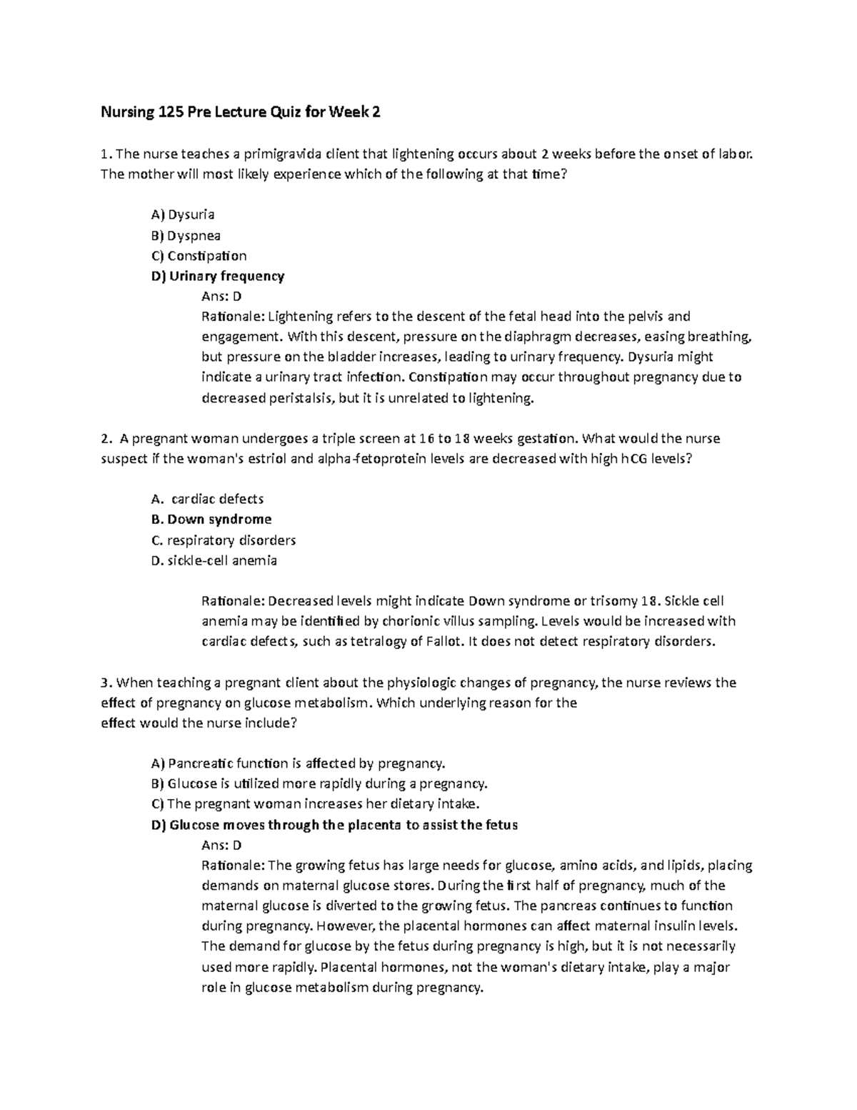 Nursing 125 Pre Lecture Quiz Week 2 - Practice Questions and Answers ...