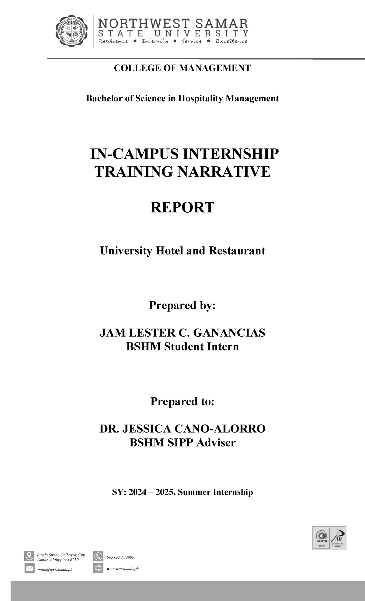 BSHM 2024 Summer Internship Narrative Report at University Hotel - Studocu