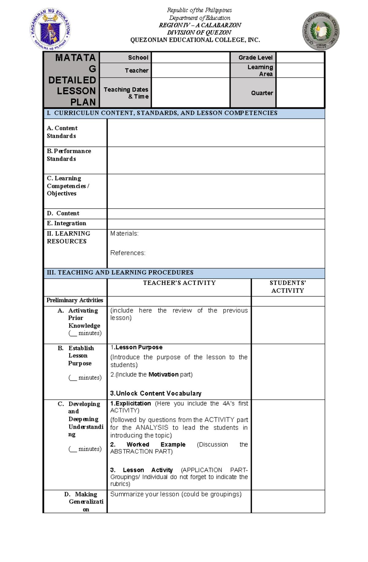 Detailed Lesson Plan (DLP) Template for Grade Level Teaching - Studocu