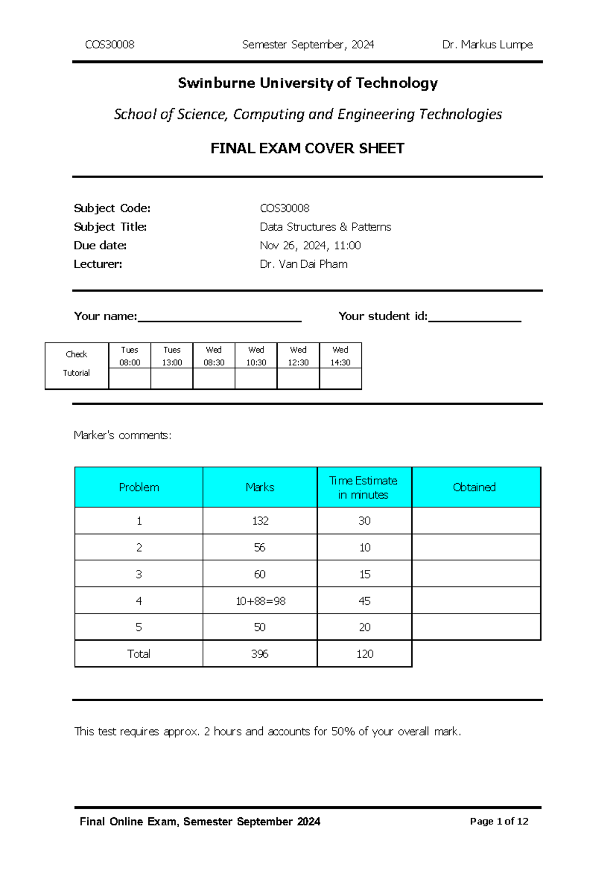 COS30008 - Practice Questions for Data Structures Final Exam - Document Preview
