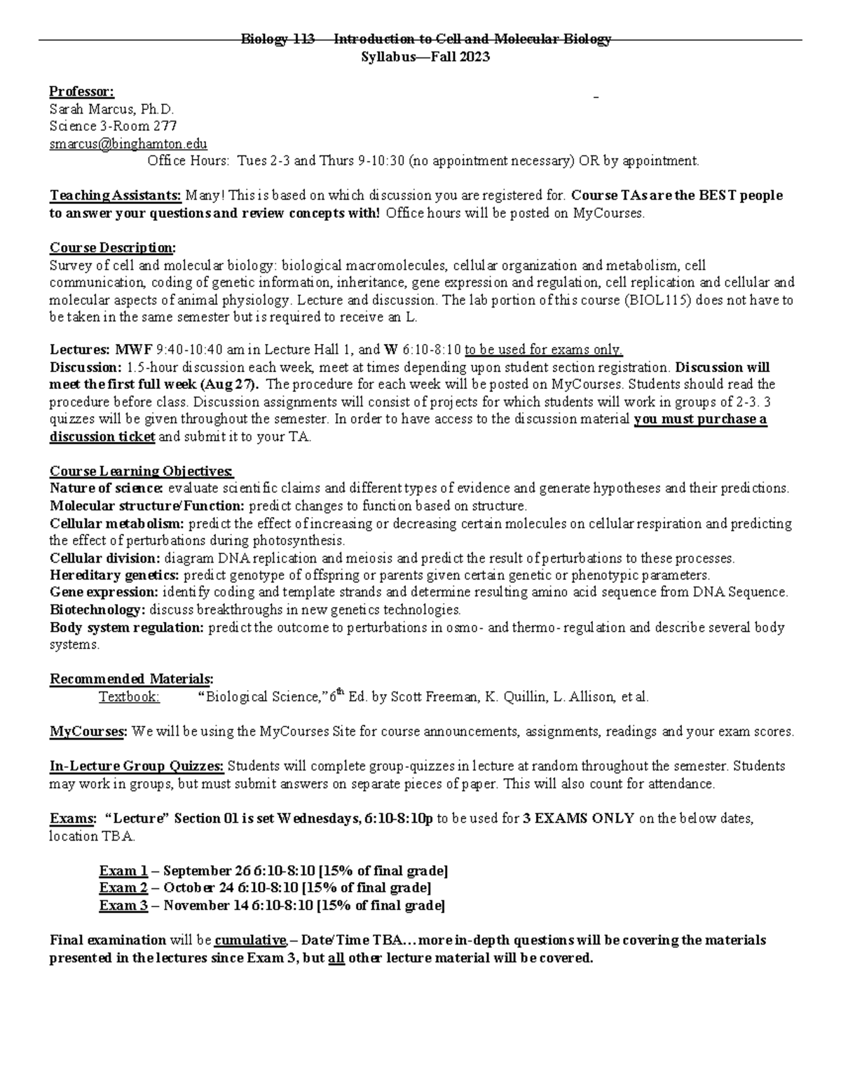BIOL 113 Syllabus: Intro to Cell & Molecular Biology 2023 - Studocu