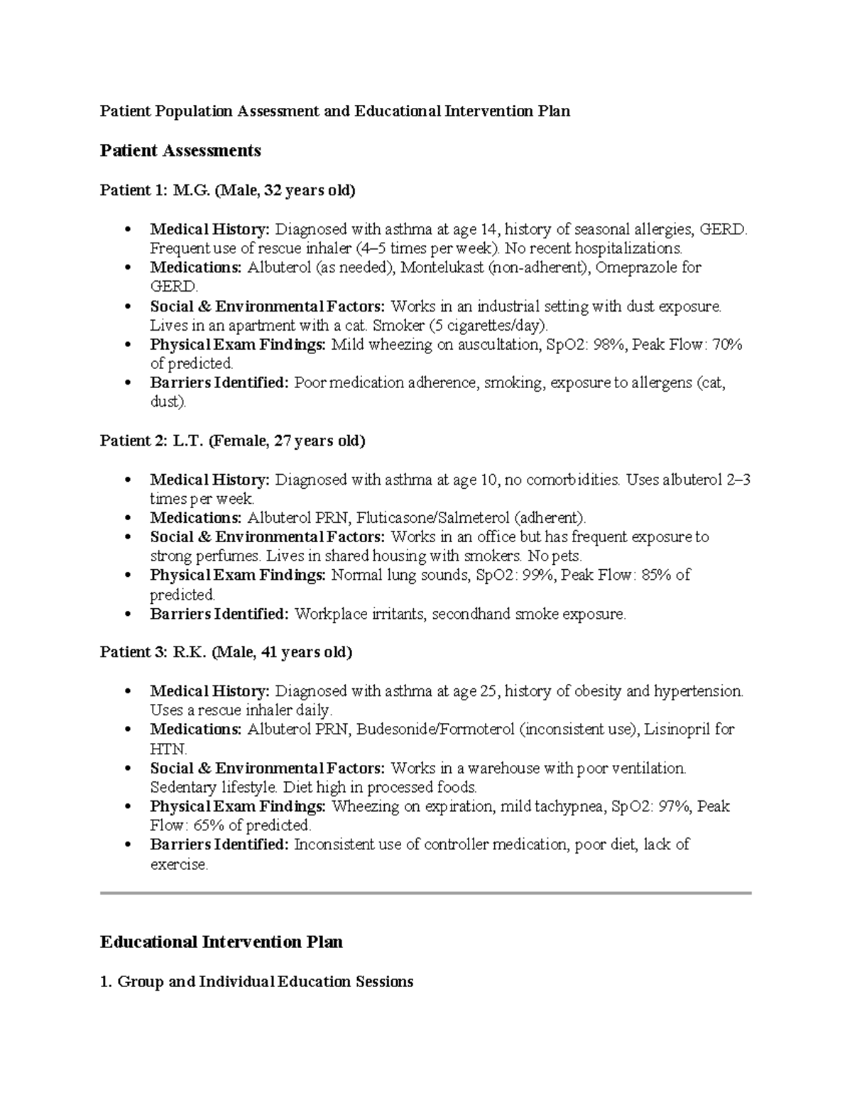 Patient Population Assessment & Edu Interv Plan - WK 1 Assignment - Studocu