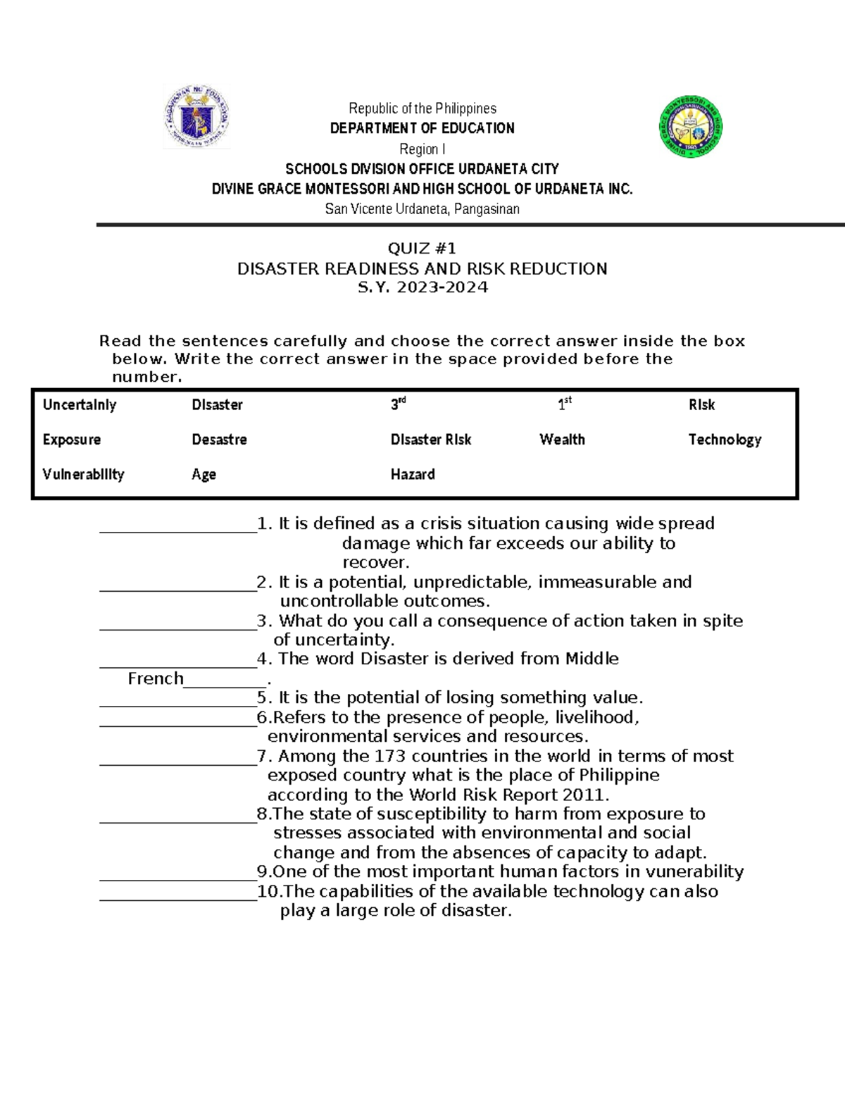 DRRR 101 Quiz: Disaster Readiness & Risk Reduction S.Y. 2023 - Studocu