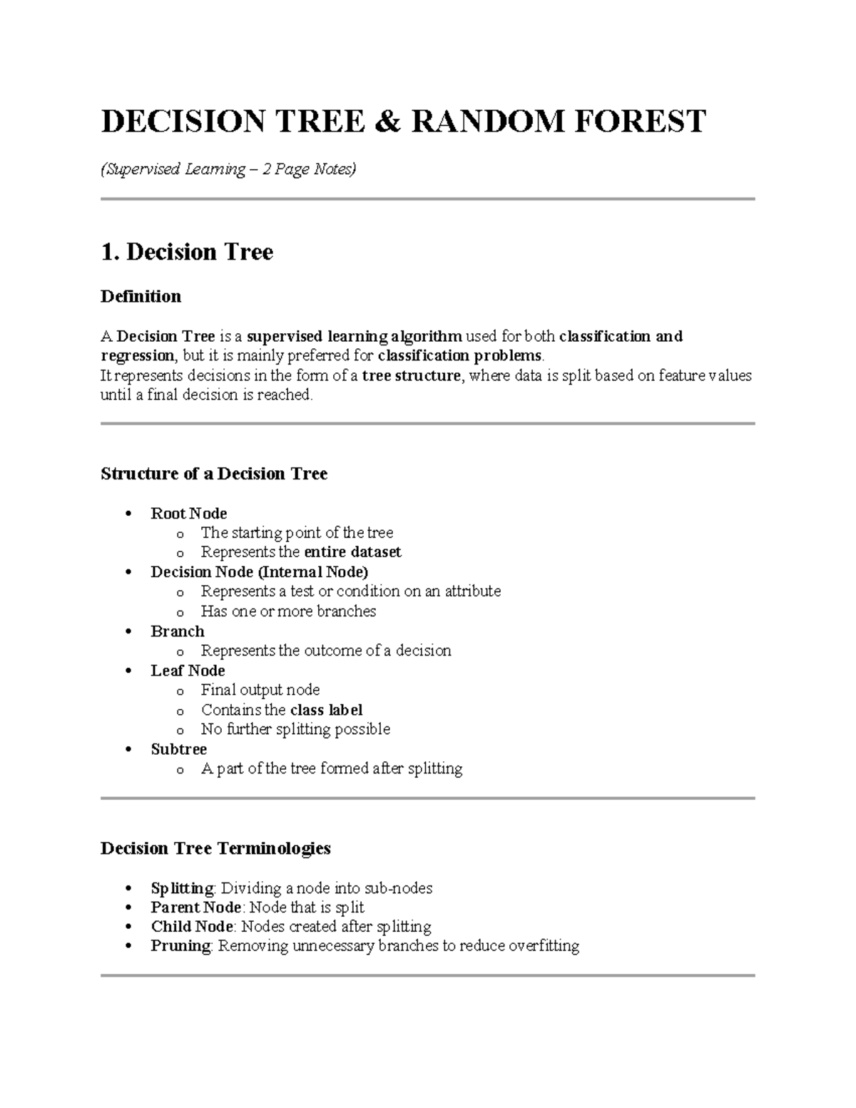 Supervised Learning: Decision Tree & Random Forest Notes (SL 2) - Studocu