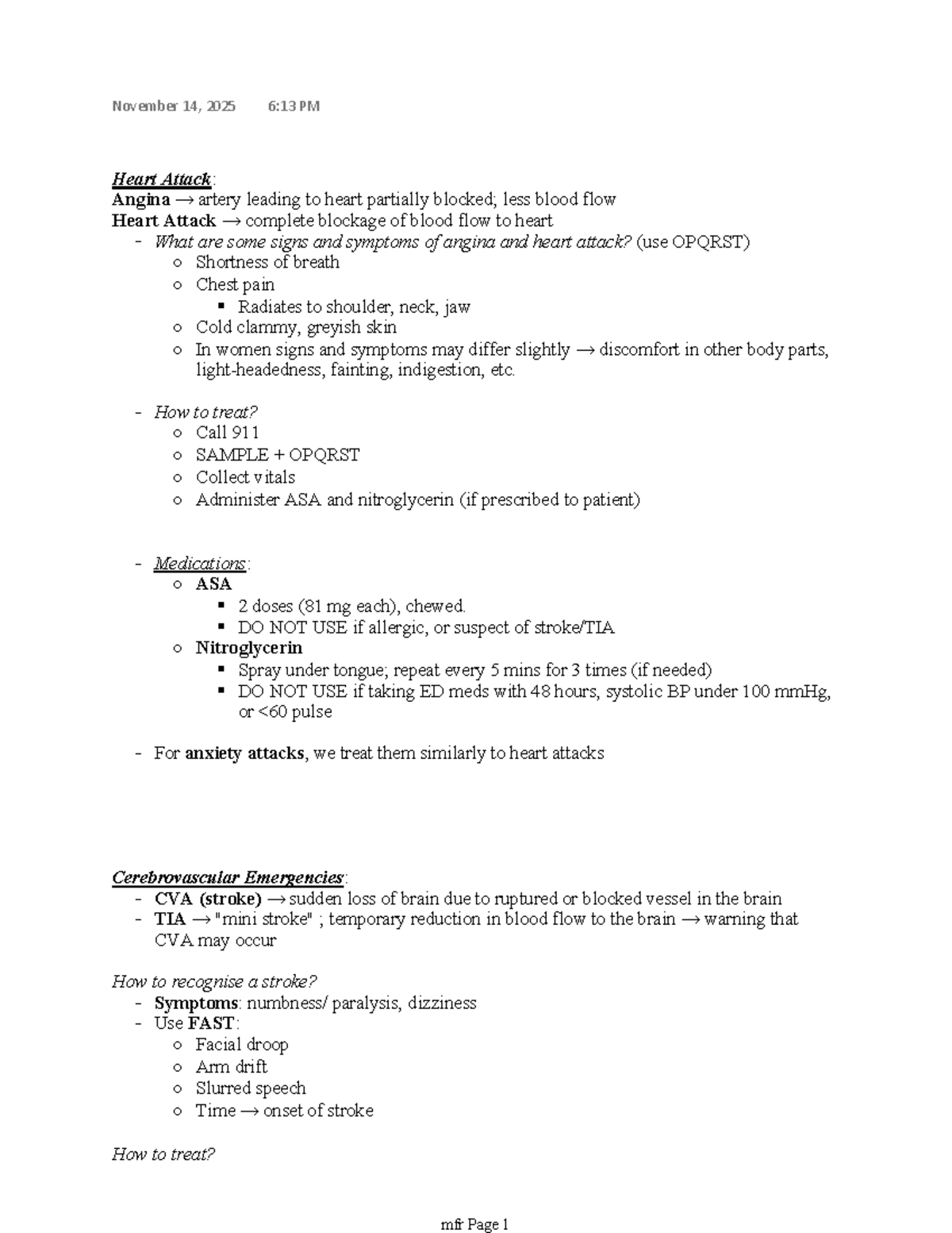 Heart Attack & Stroke Emergency Response Notes (Course Code: EMS101 ...
