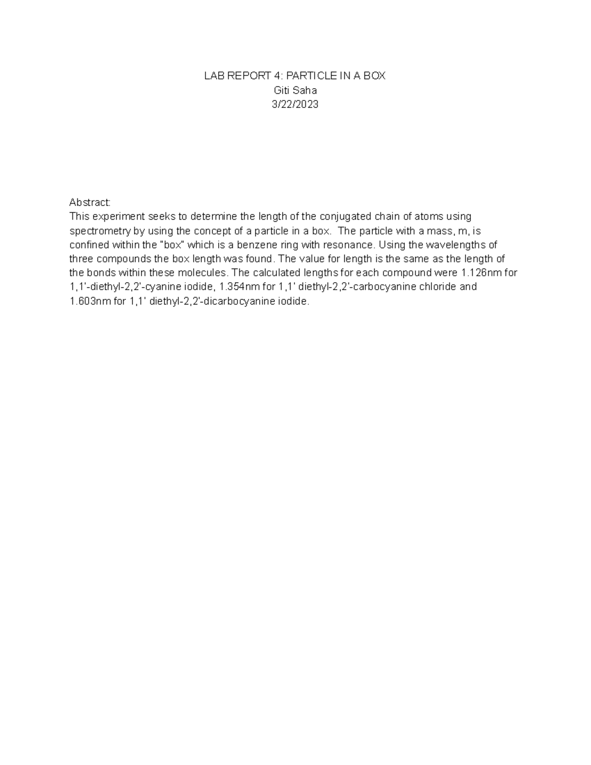 LAB Report 4: Assessing Lengths of Conjugated Chains Using Particle in ...