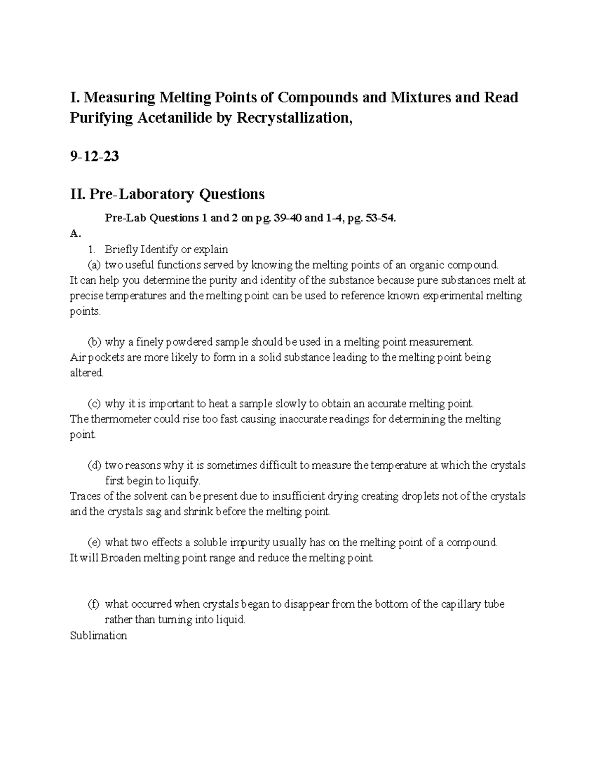 Ochem Lab 3 - Melting Points Measurement & Recrystallization Report ...