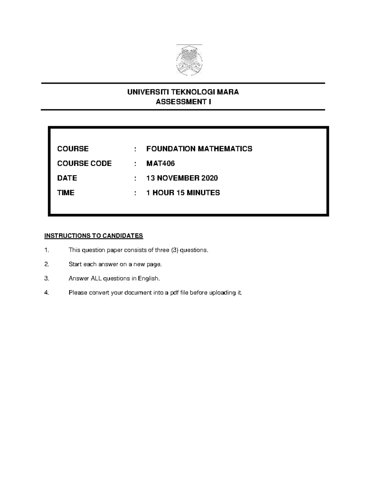 (1) Assessment 1 OCT 2020-FEB 2021 - UNIVERSITI TEKNOLOGI MARA ...