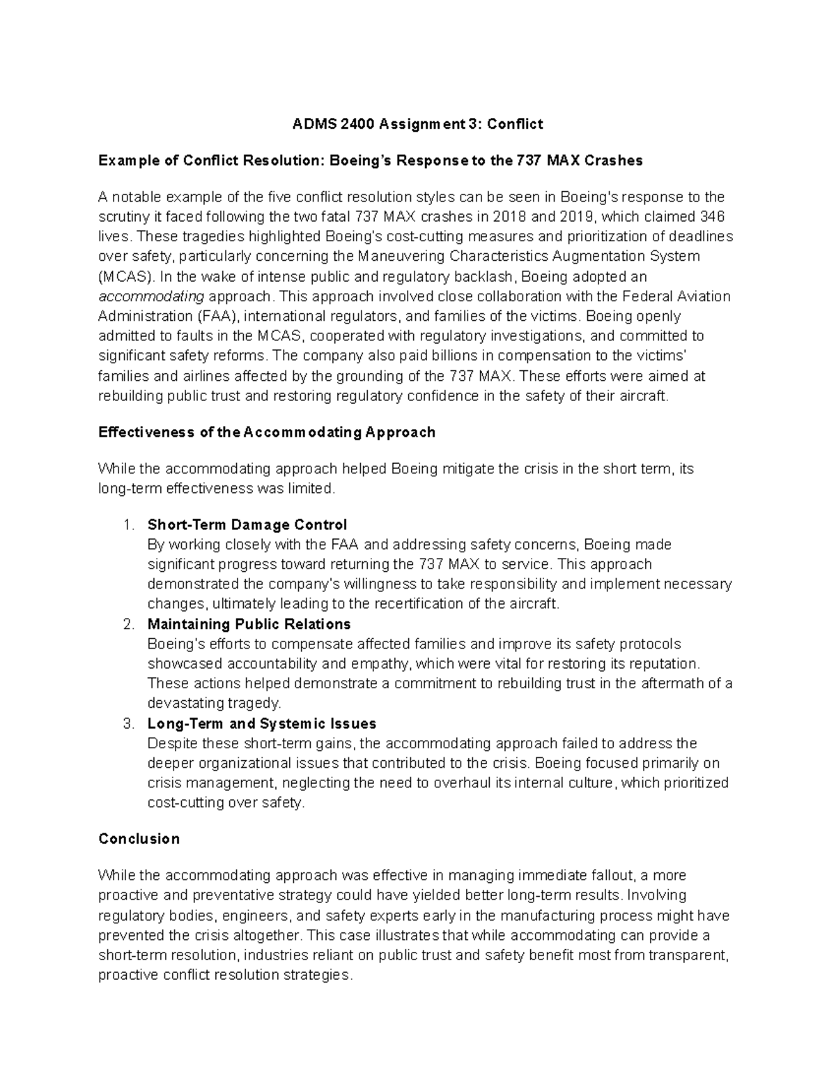 ADMS 2400 Assignment 3 - ADMS 2400 Assignment 3: Conflict Example of ...