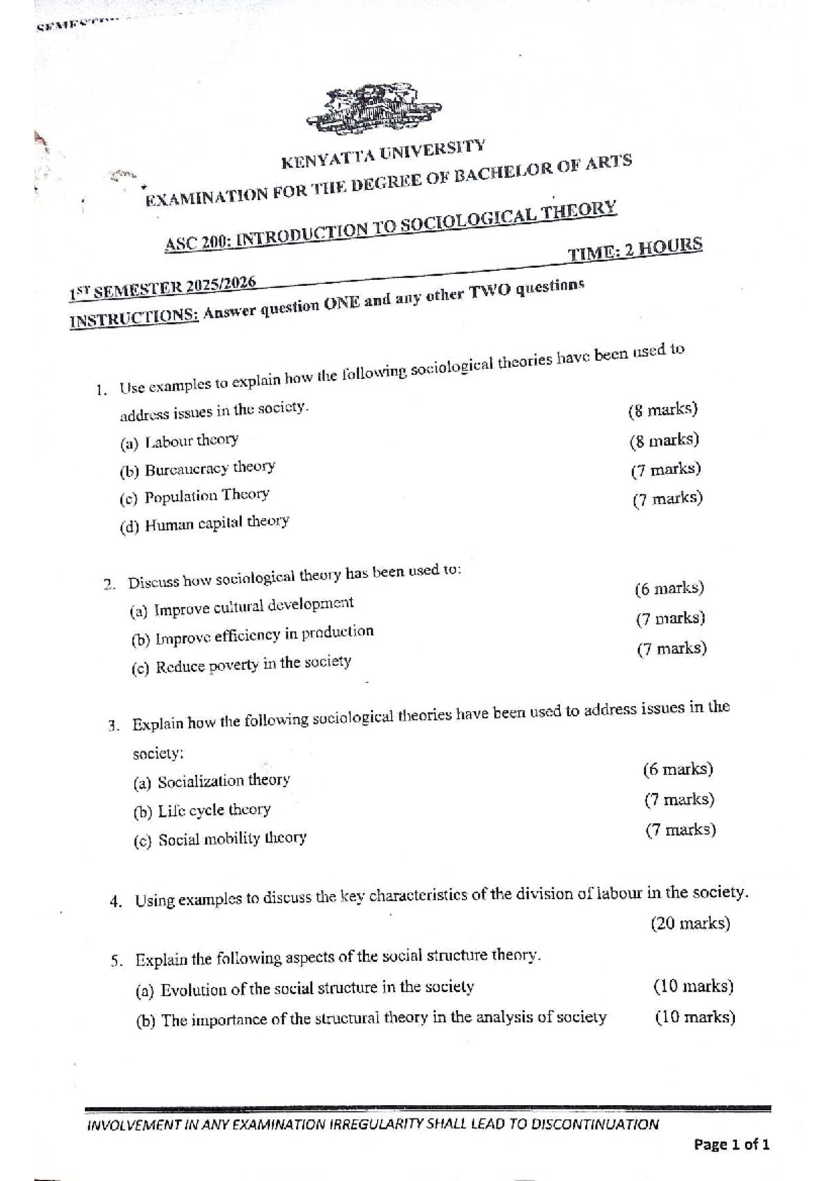 ASC 200: Introduction to Sociological Theory Past Exam Paper - Studocu