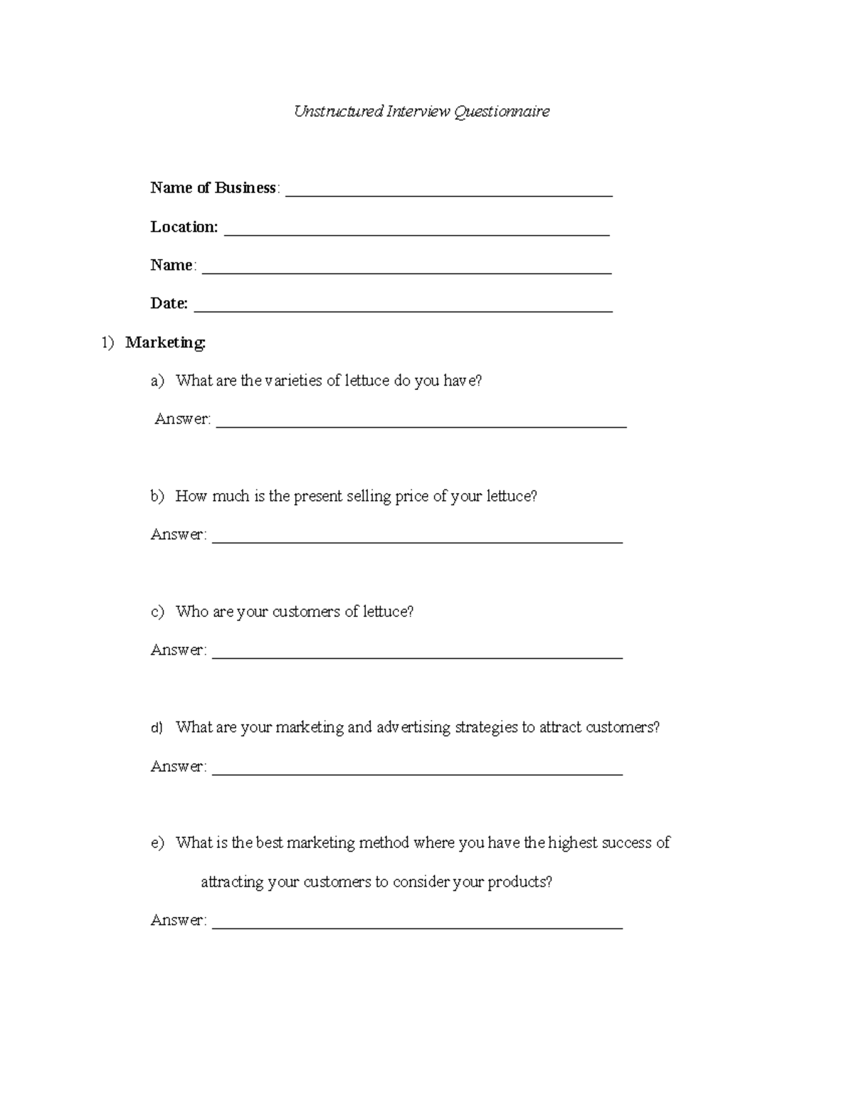 Unstructured Interview Questionnaire for Hydroponics Business - Studocu