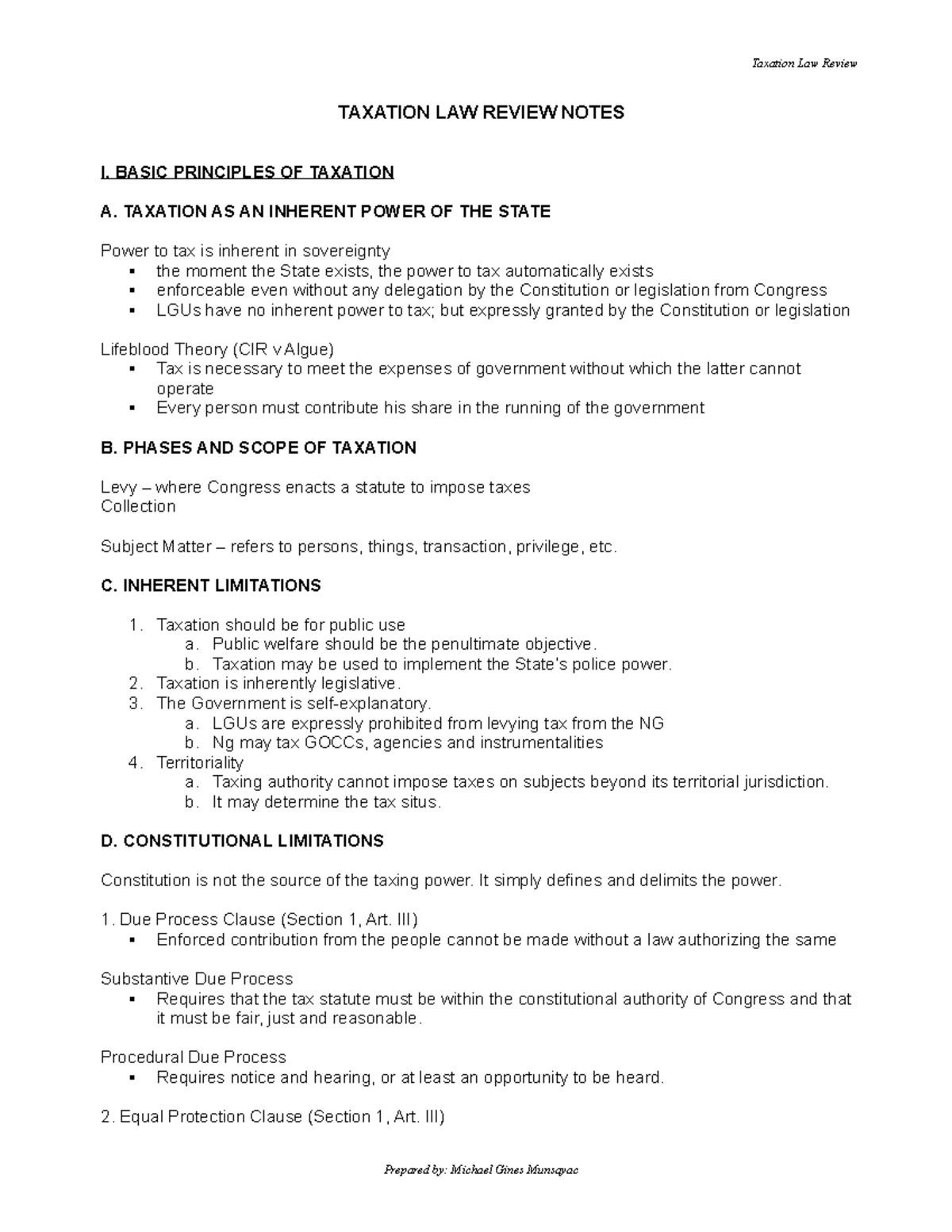 Taxation Law Reviewer - TAXATION LAW REVIEW NOTES I. BASIC PRINCIPLES ...