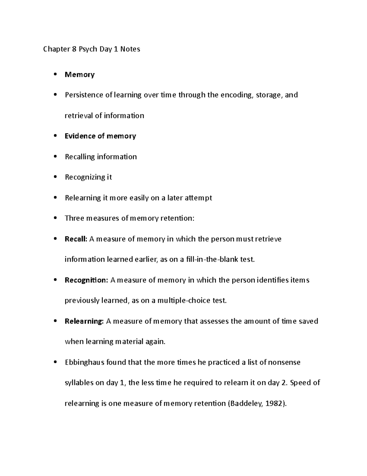Chapter 8 Psych Day 1 Memory Processes and Models Notes - Studocu