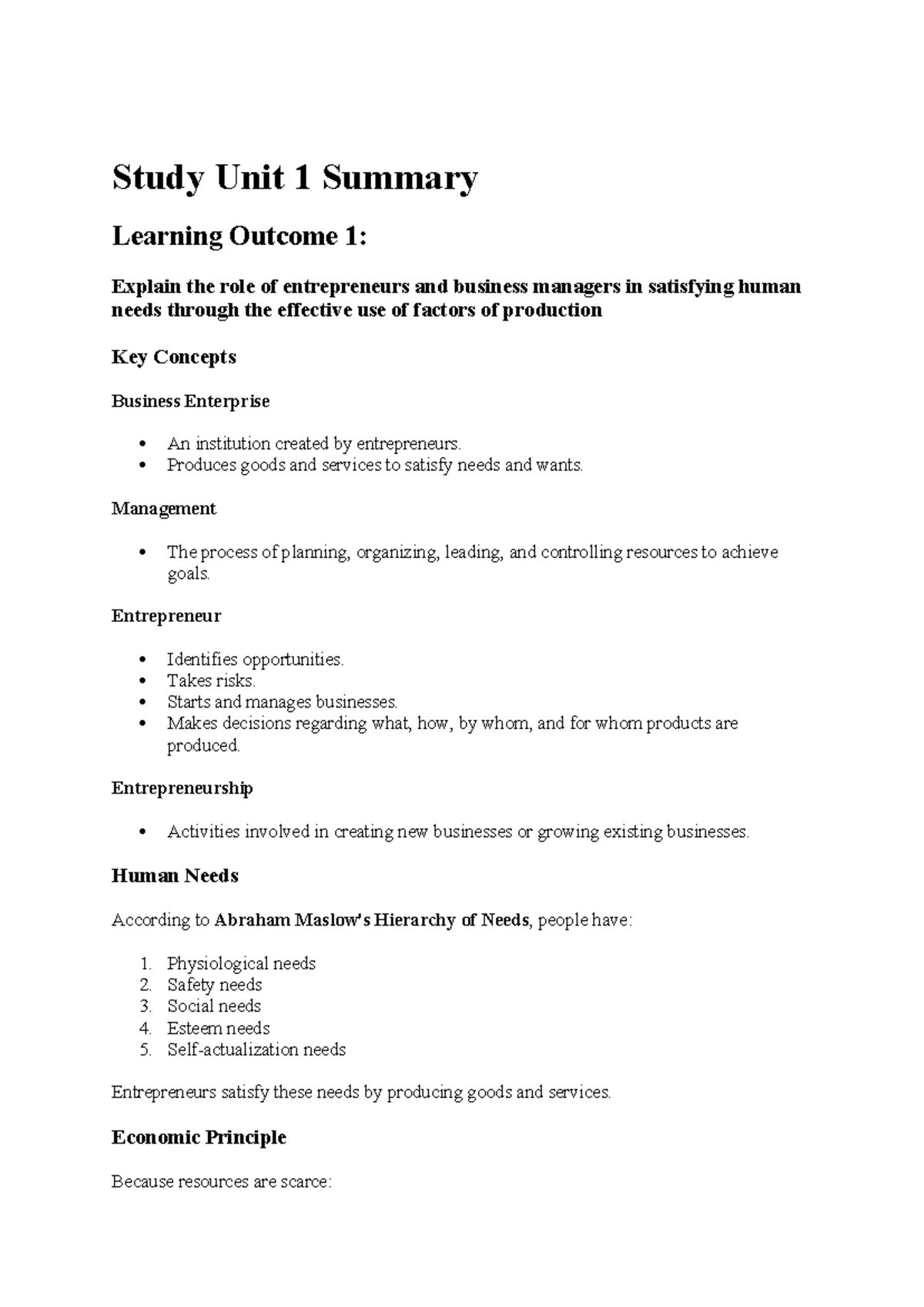 BUS 101: Study Unit 1 Summary on Entrepreneurs & Business Management ...