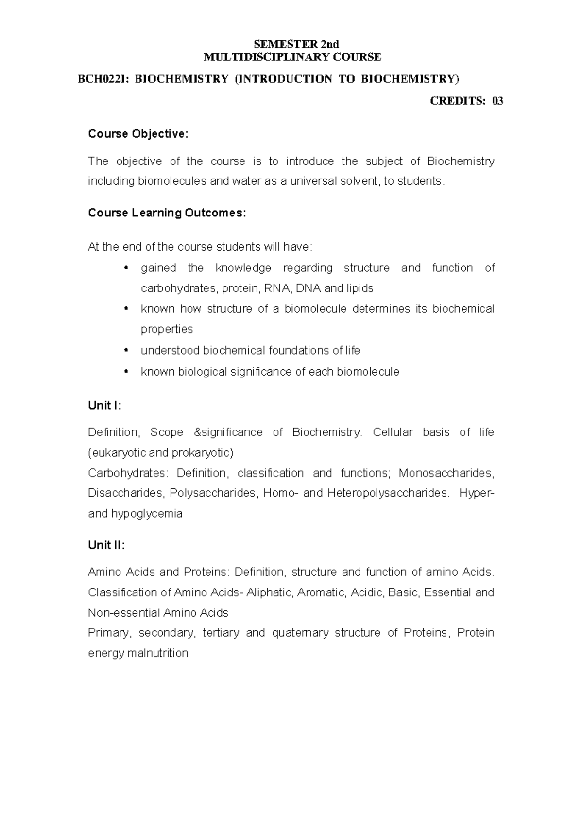 BCH022I: Introduction to Biochemistry - Course Overview & Objectives ...