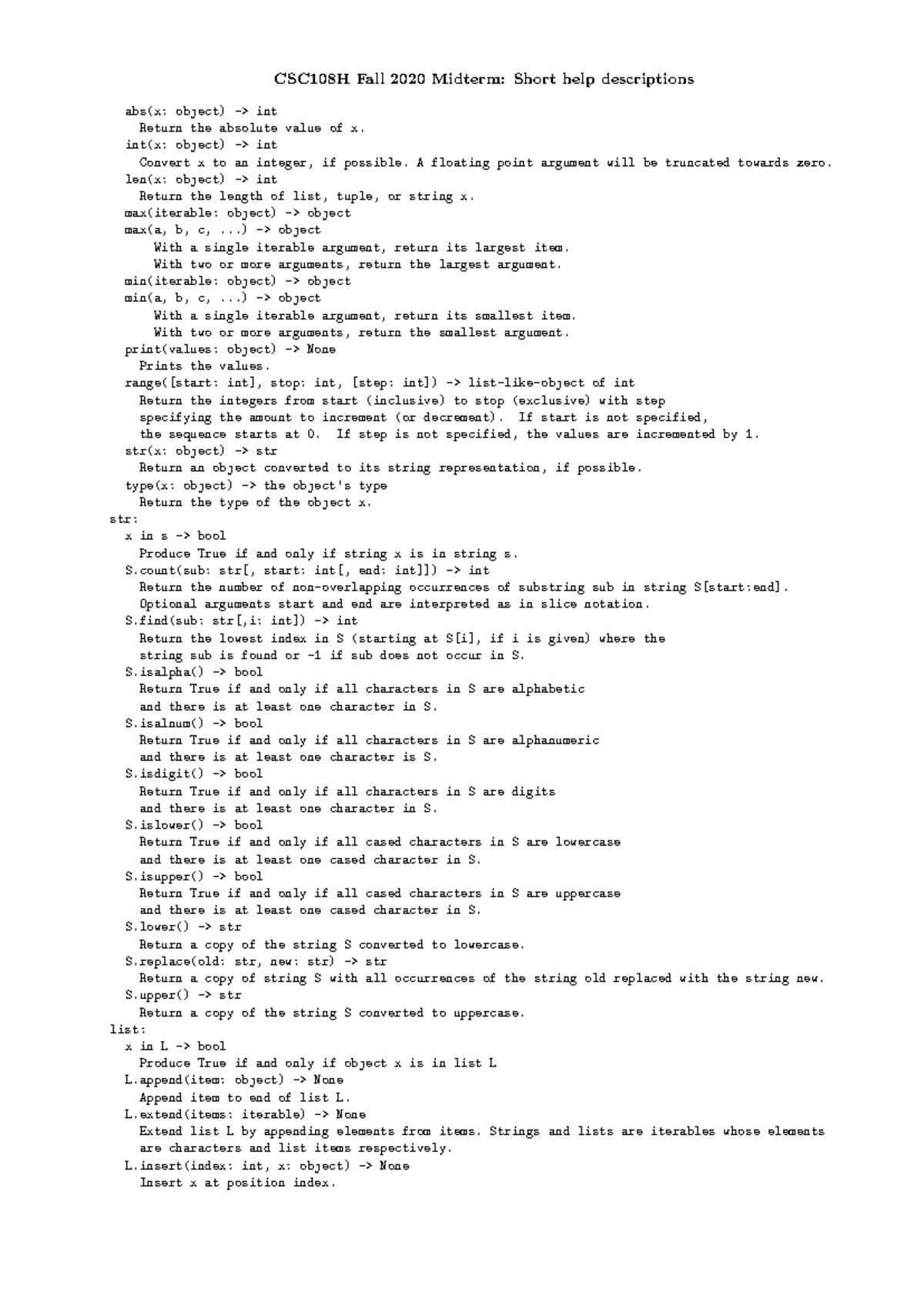 CSC108H Fall 2020 Midterm: API Summary Cheatsheet and Descriptions ...