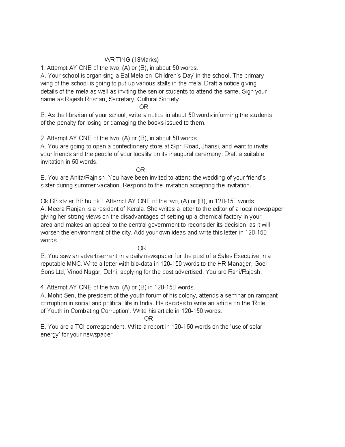 Writing Exercises for School Assignments (18 Marks) - Studocu