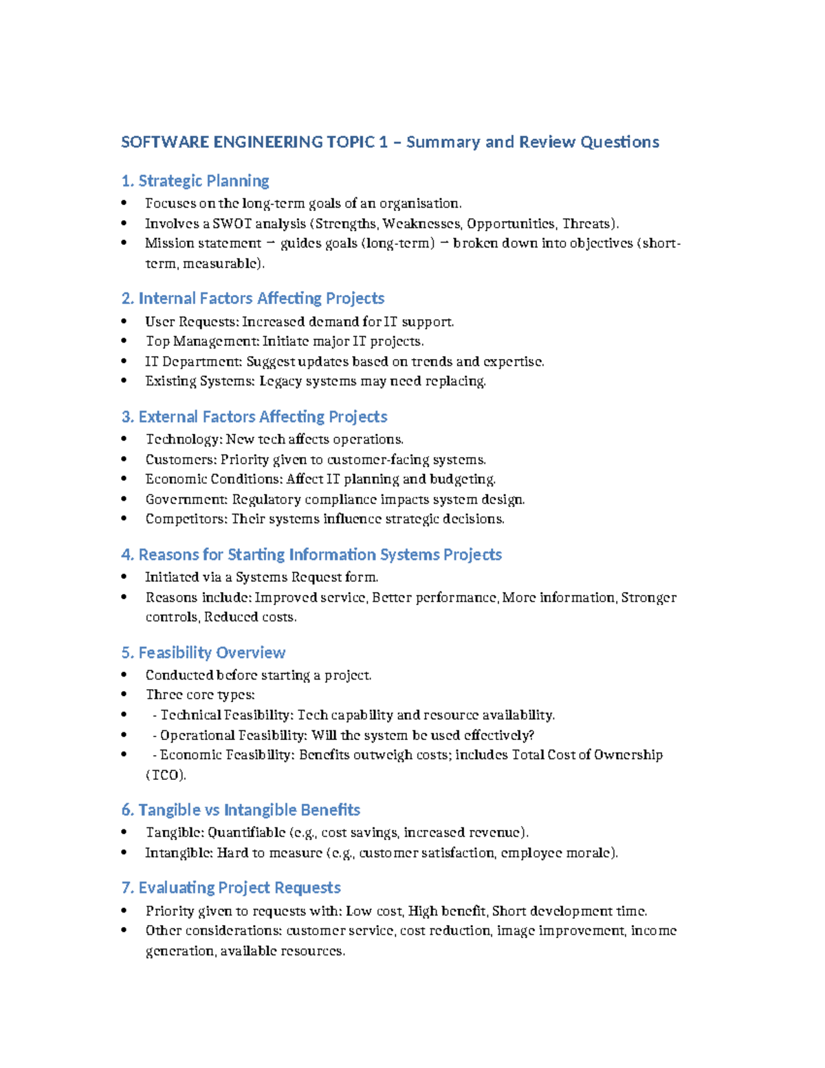 Software Engineering SE101 Topic 1 Summary & Review Questions - Studocu
