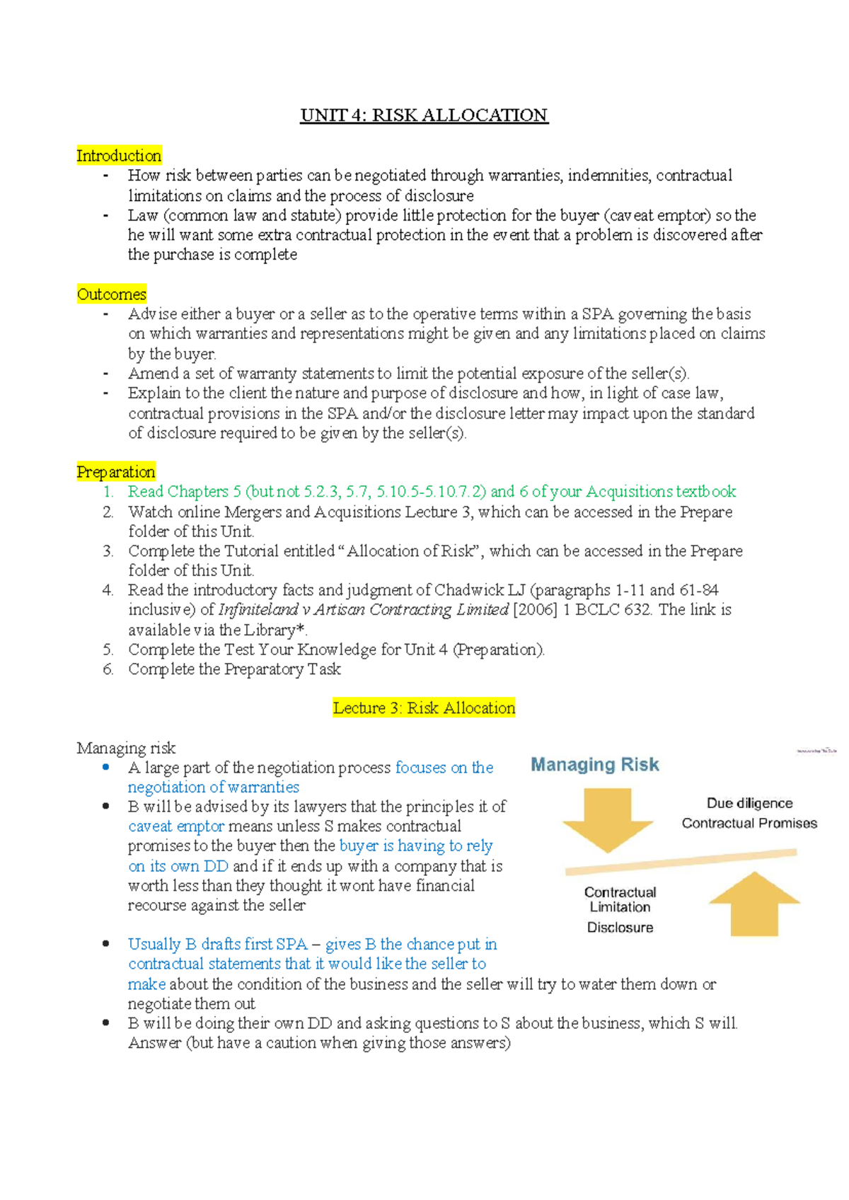 4M&A - Unit 4: Risk Allocation in Sale and Purchase Agreements - Studocu