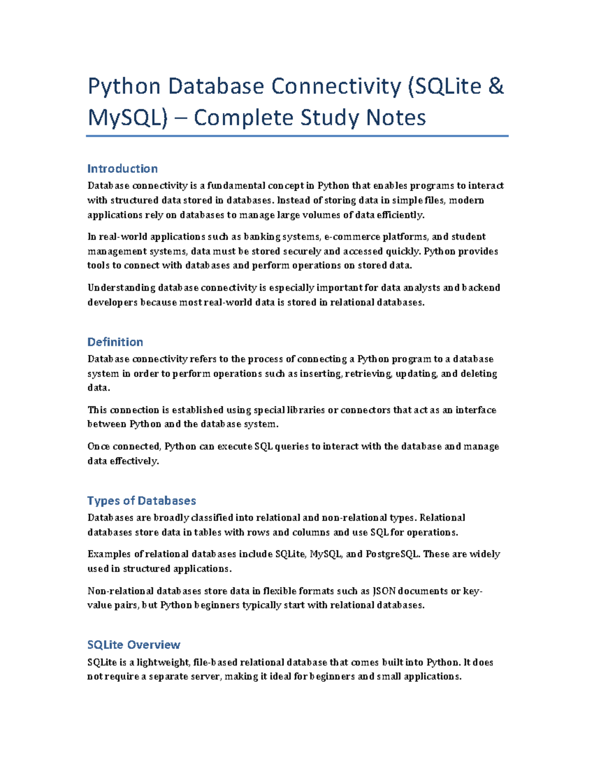 Python Database Connectivity (SQLite & MySQL) Study Notes - Studocu