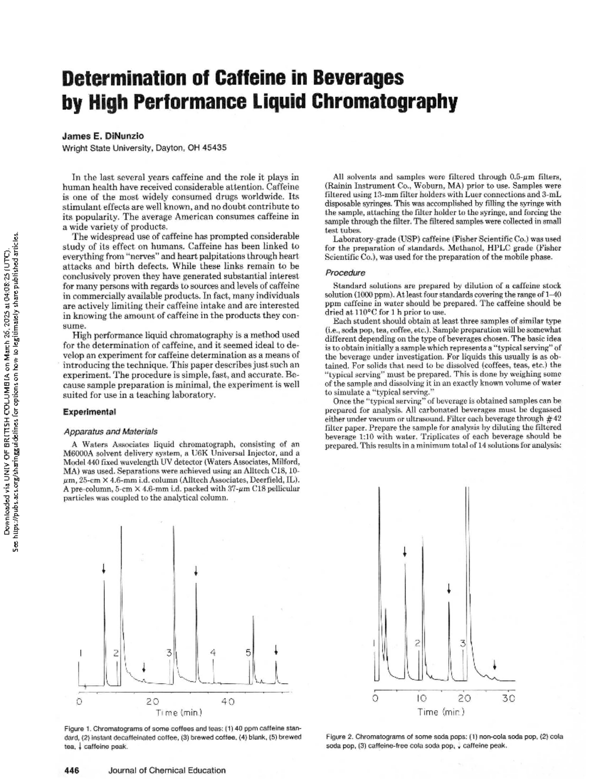 Determination of Caffeine in Beverages via HPLC - 1985 Study - Studocu