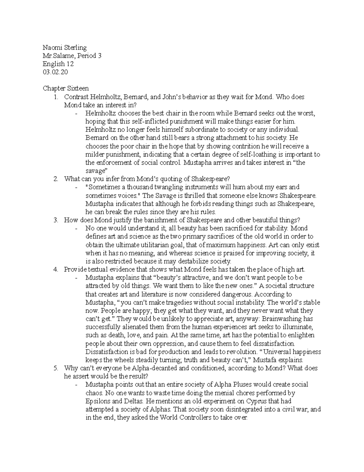 English 12 Chapter 16 Study Notes: Mond, Helmholtz, and Bernard's ...