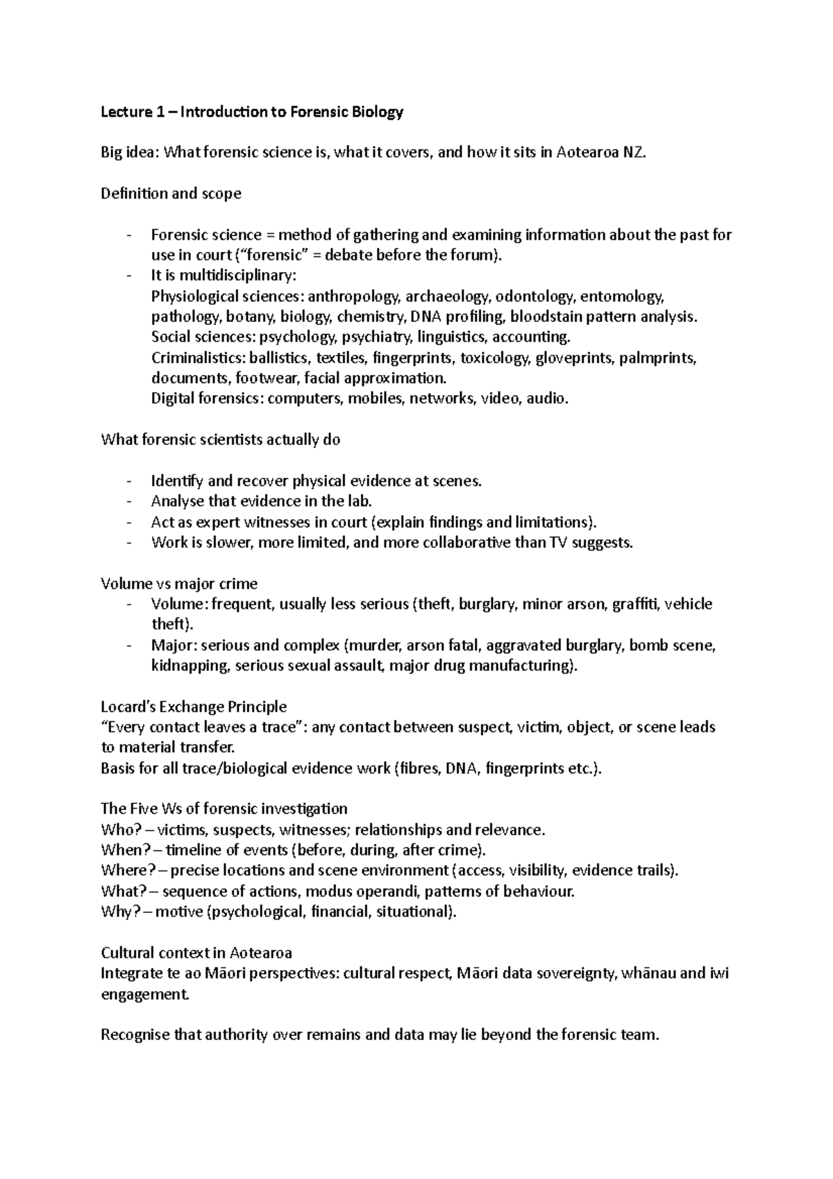 FORB201 Lecture Notes: Introduction to Forensic Biology and Key ...