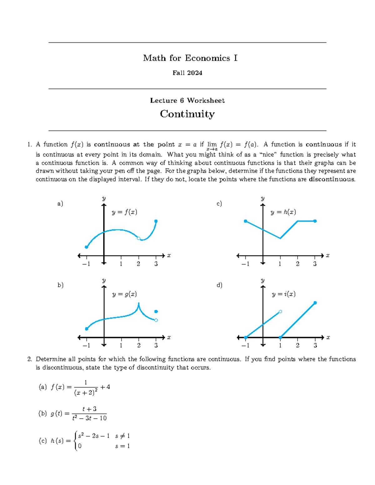 Math for Economics I Fall 2024 Lecture 6 - Continuity Worksheet - Studocu