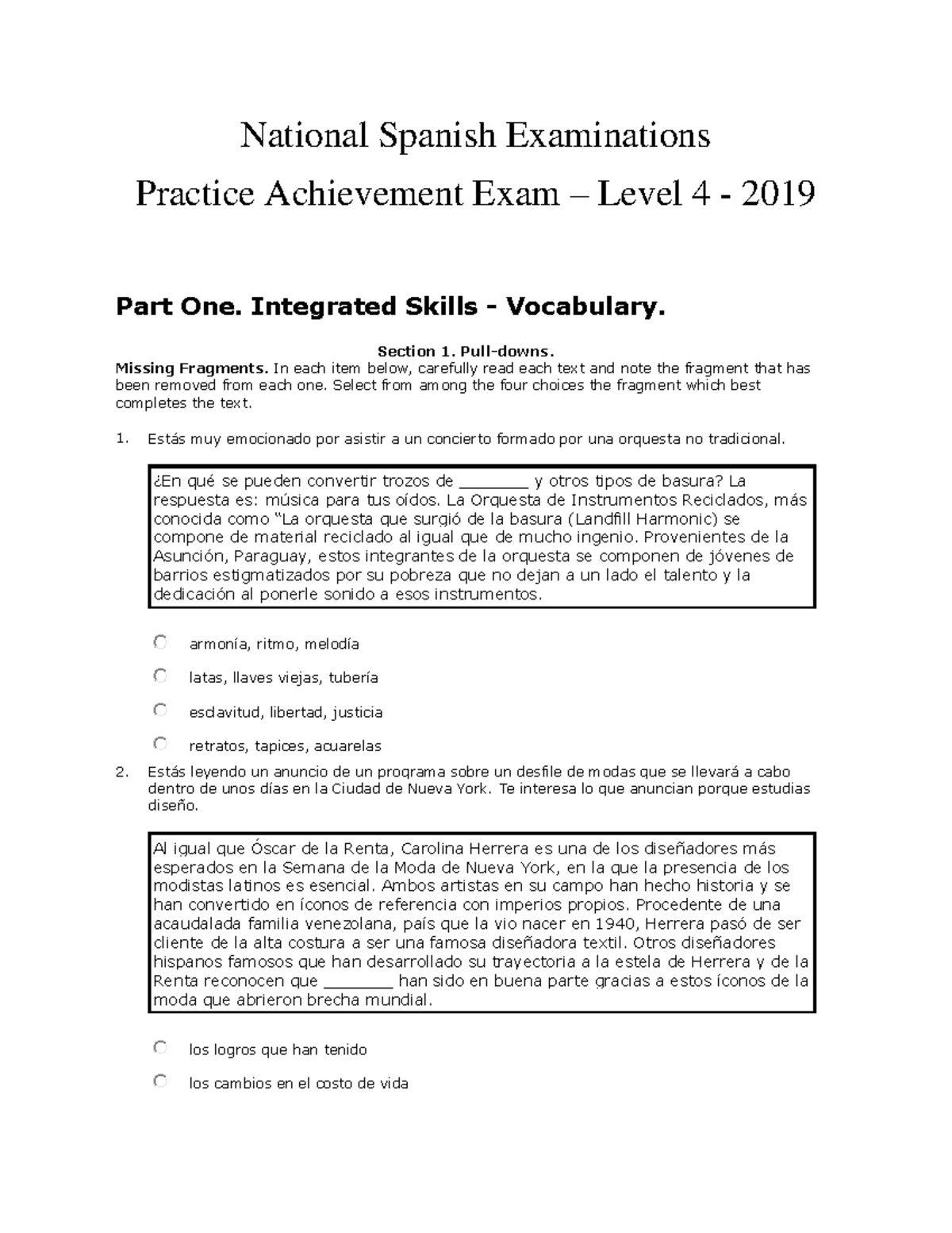 2019 National Spanish Exam - Achievement Practice Level 4 - Studocu