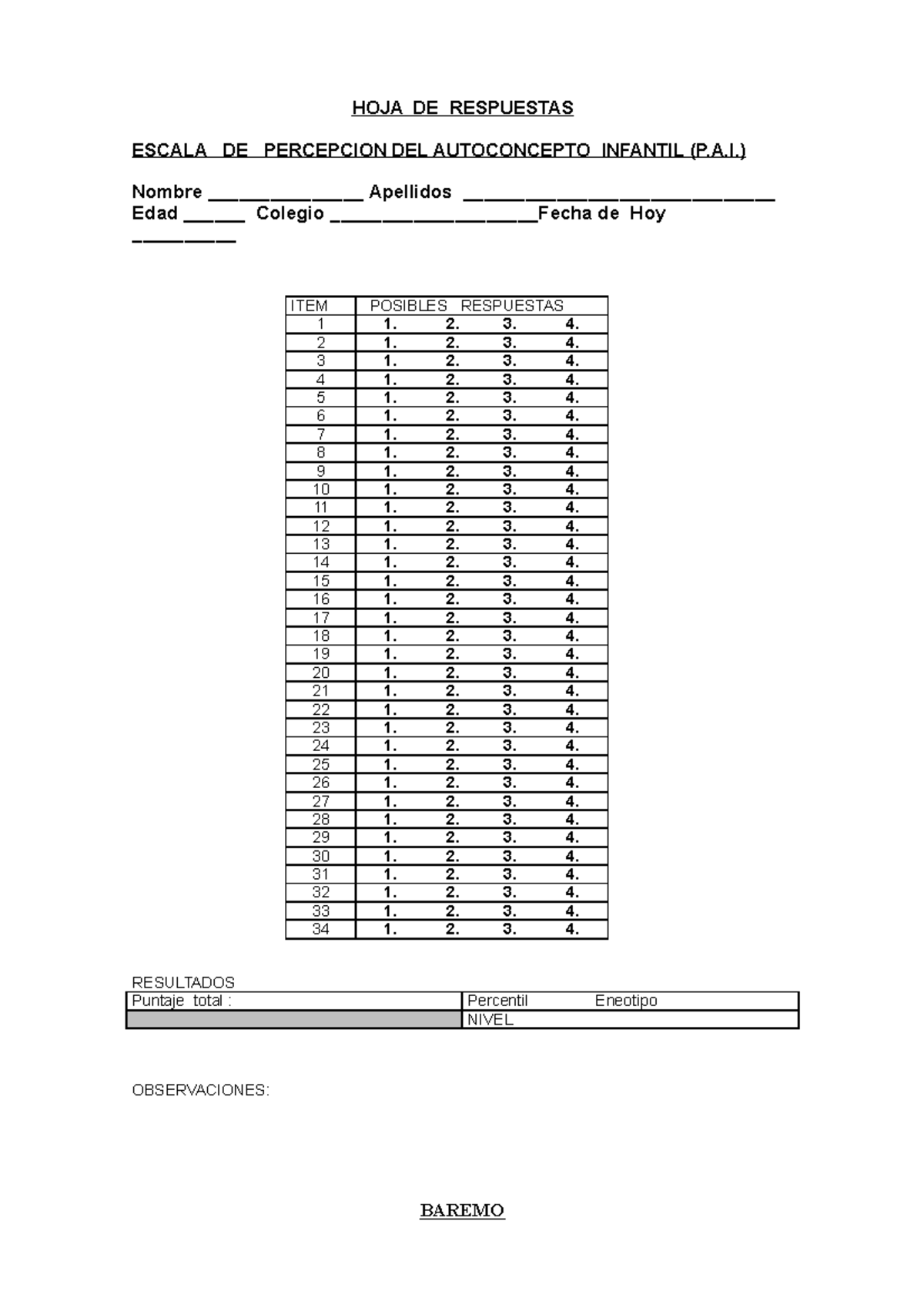 Escala de Percepción del Autoconcepto Infantil (P.A.I.) - Resultados ...