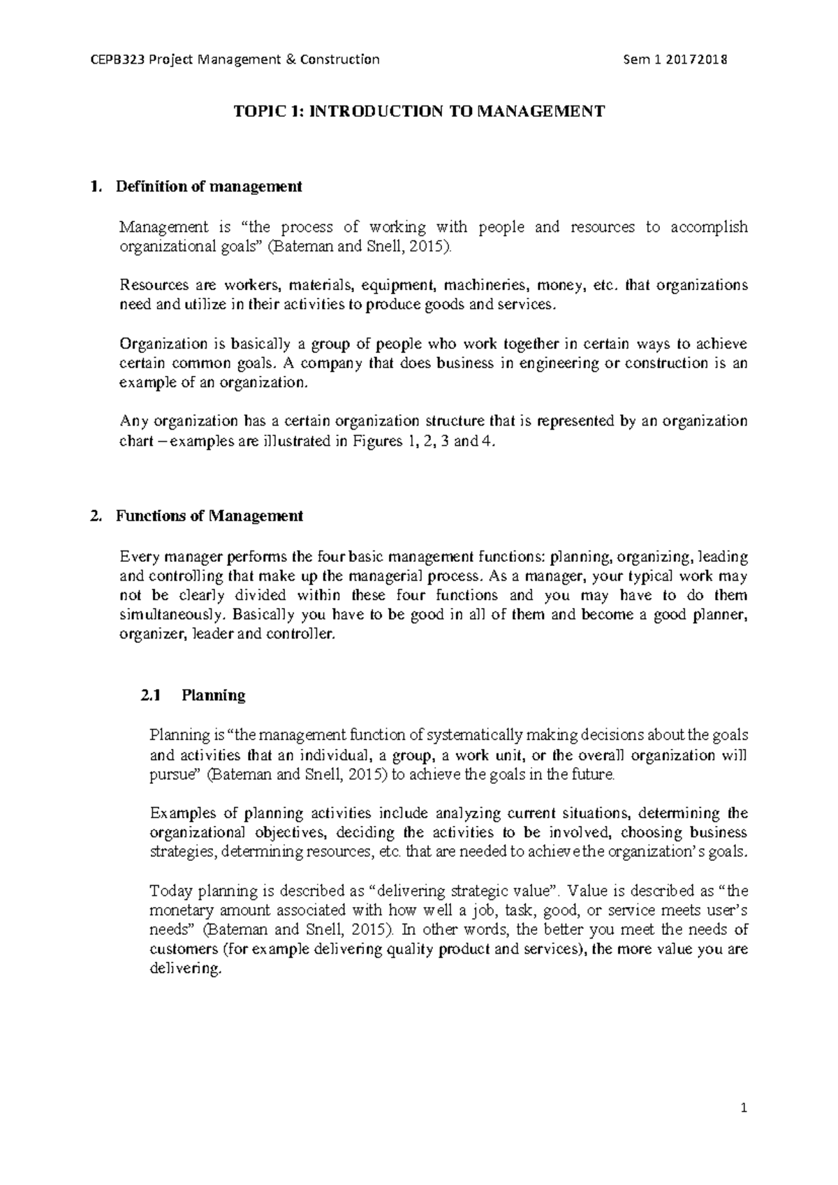 Chapter 1 - TOPIC 1: INTRODUCTION TO MANAGEMENT Definition of ...