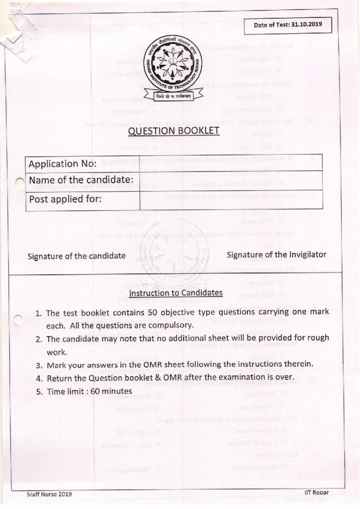 Staff Nurse Exam Questions - IIT Ropar 2019 - Studocu