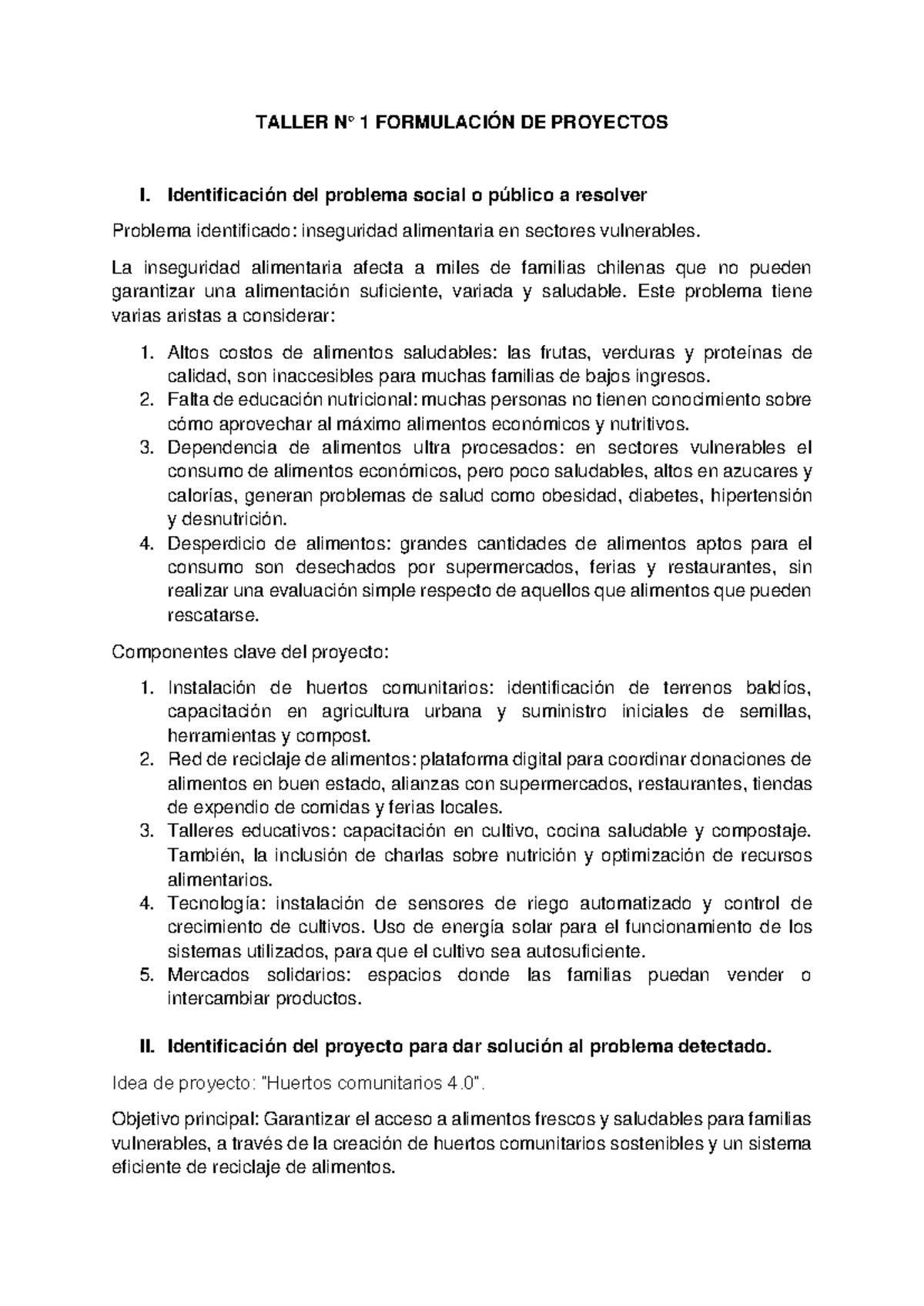 Taller N° 1 Formulación DE Proyectos - TALLER N° 1 FORMULACIÓN DE ...