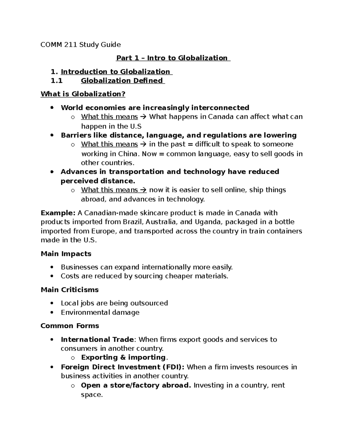 COMM 211 Study Guide: Intro to Globalization & Key Concepts - Studocu