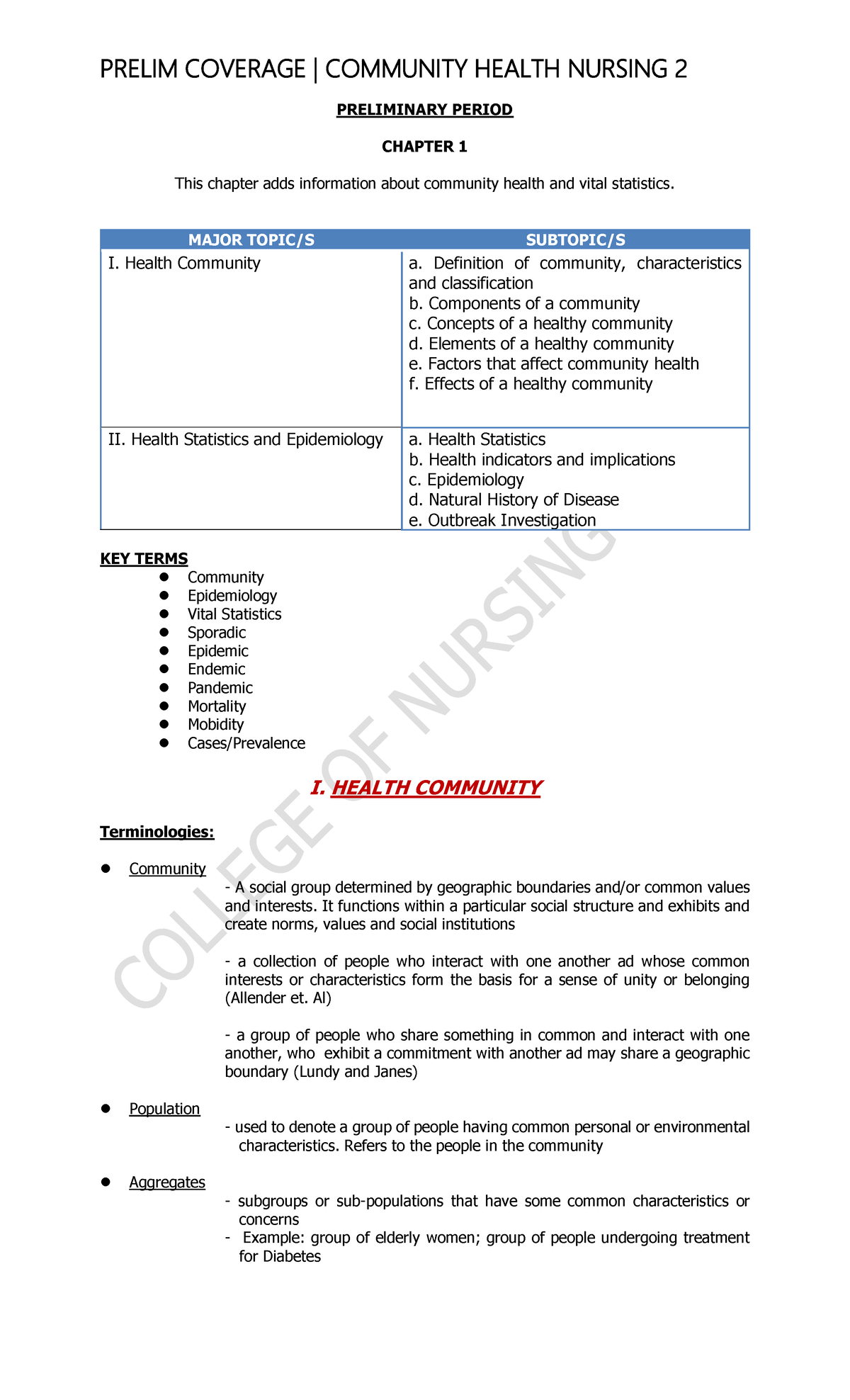 Chn 2 Preliminary Exam Notes Community Health Nursing Overview Studocu