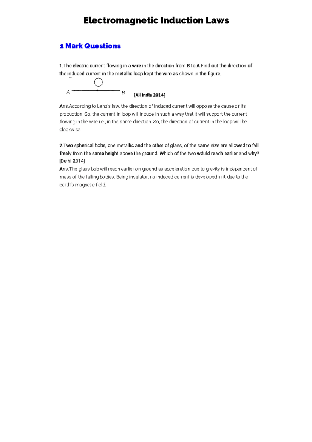 Electrostatic Potential PYQ: 1 Mark & 2 Mark Questions Review - Studocu