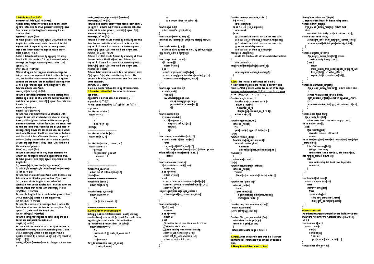 Cs1101s Midterm Summary: Key Functions and List Processing Techniques ...