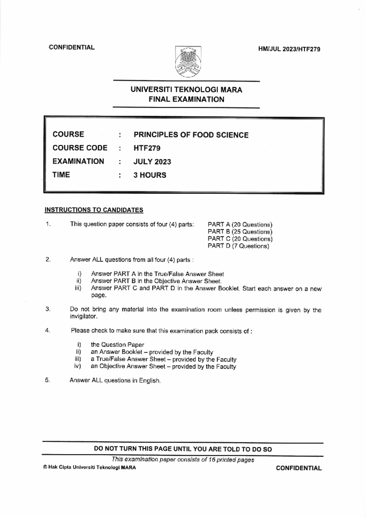 HTF279 Final Exam Paper: Principles of Food Science - July 2023 - Studocu