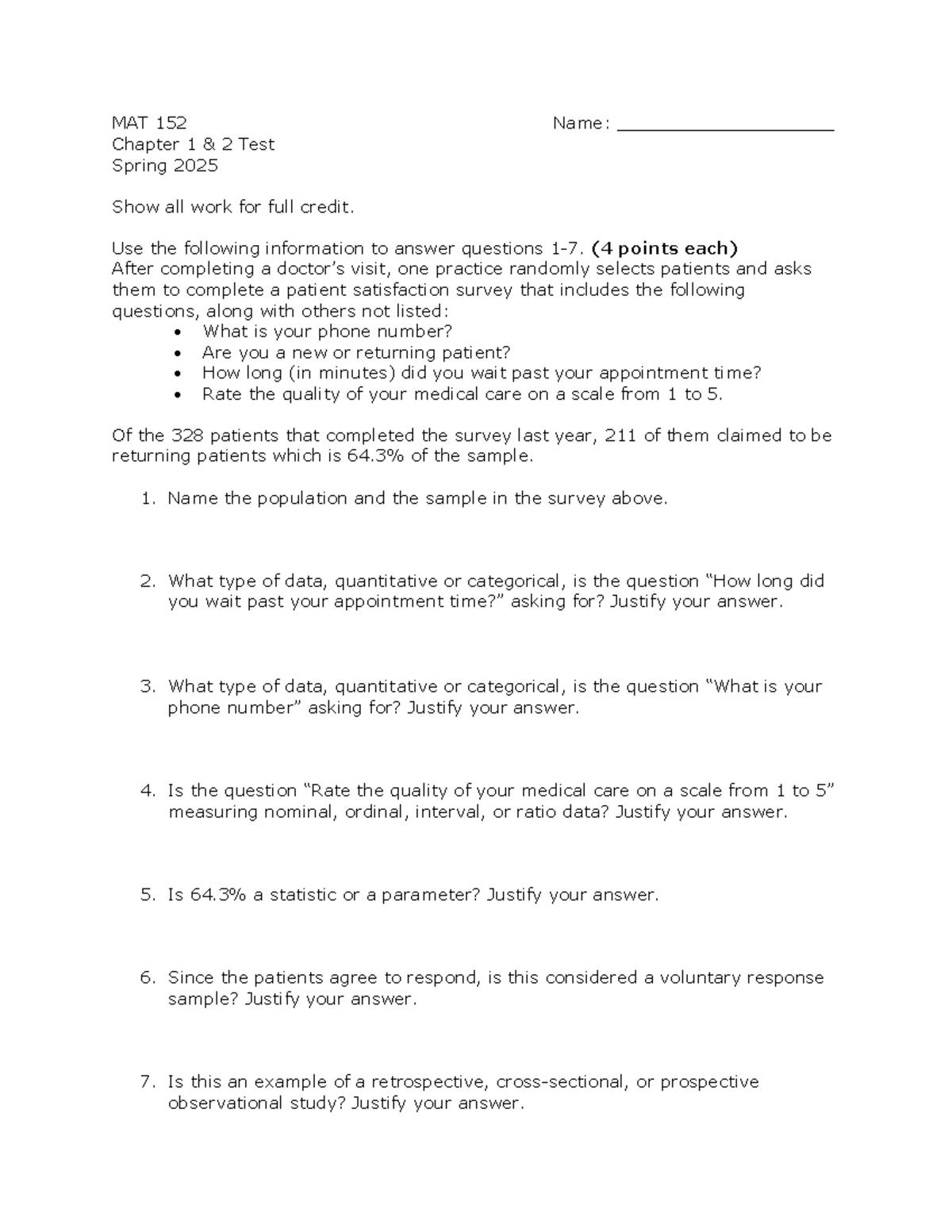 MAT 152 Chapter 1 & 2 Test Review - Spring 2025 - Studocu