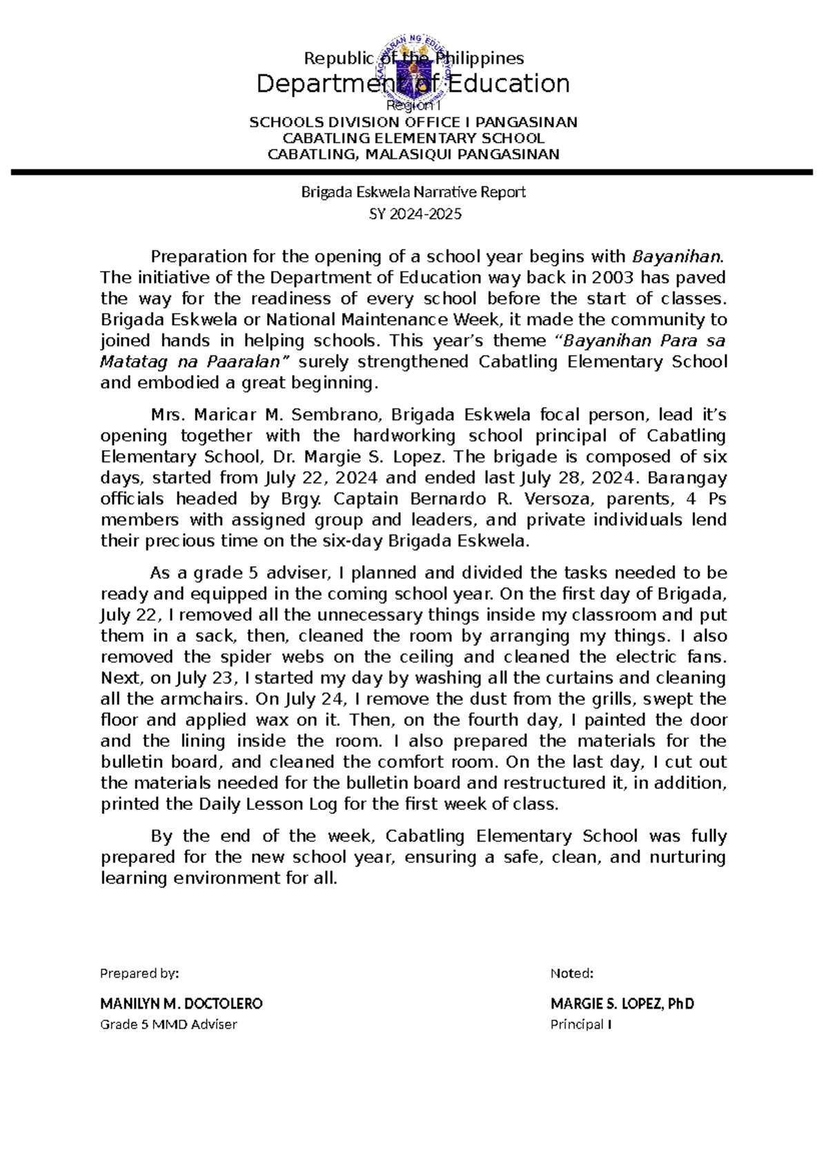 Narrative report brigada 2024 - Republic of the Philippines Department ...
