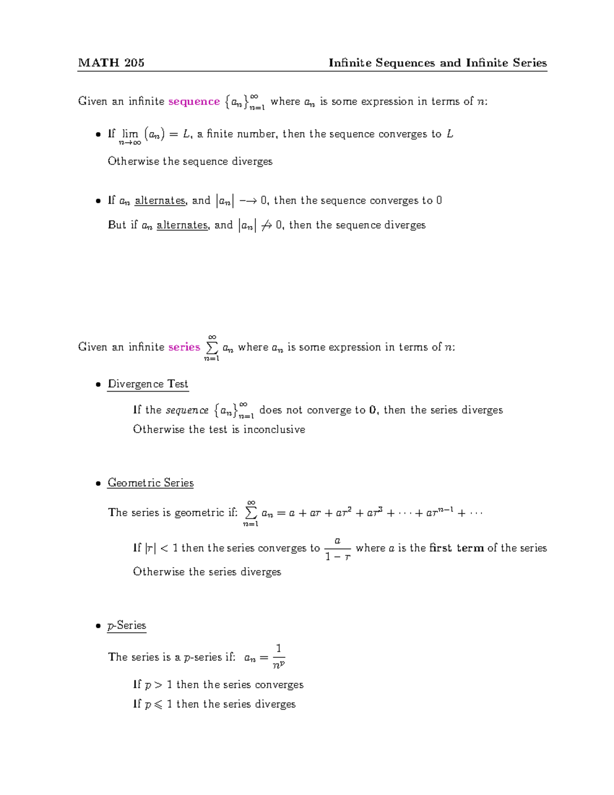 MATH 205 Final Exam Review: Infinite Sequences and Series - Studocu